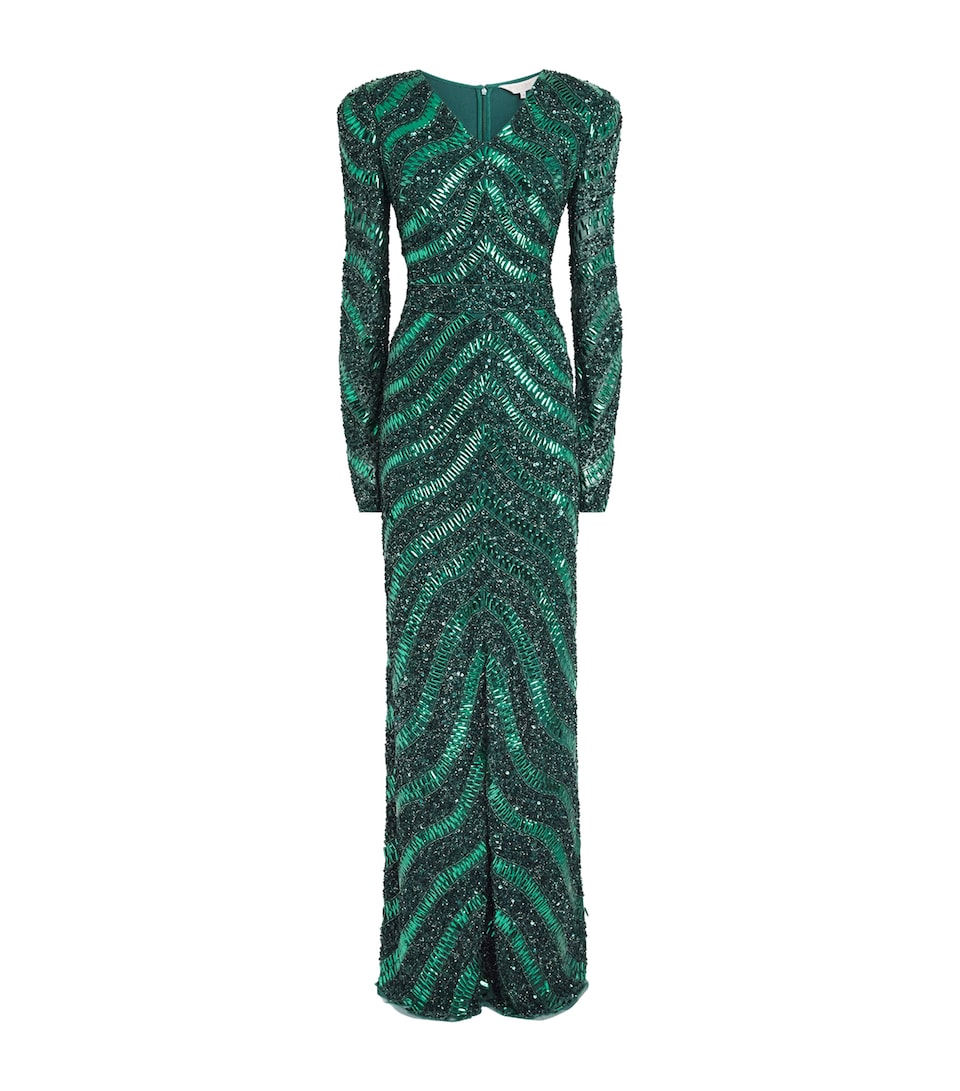 Raishma Womens Embellished V-Neck Eliana Gown Emerald Green
