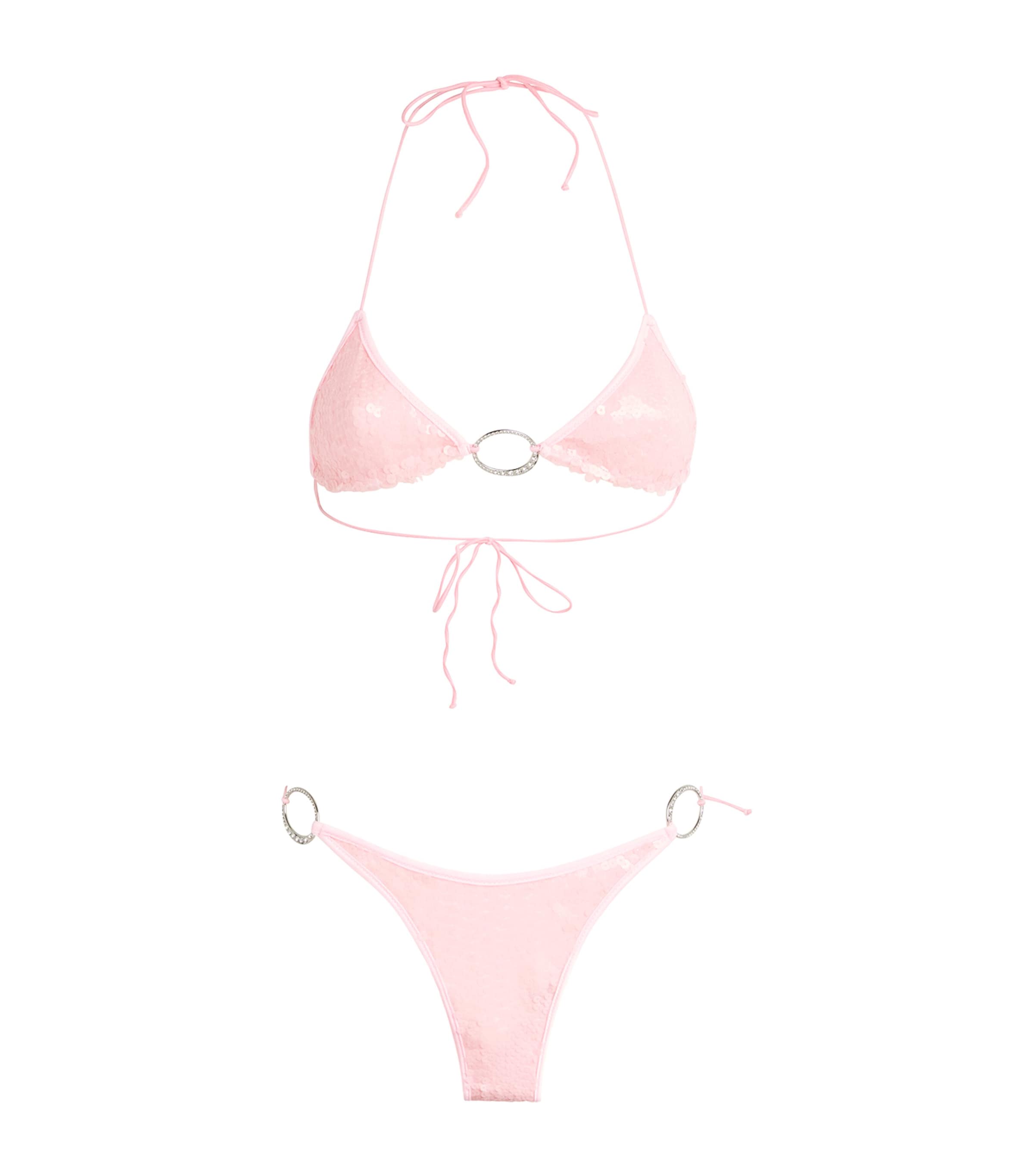 Oséree Womens Sequin Triangle Bikini Bubble Pink