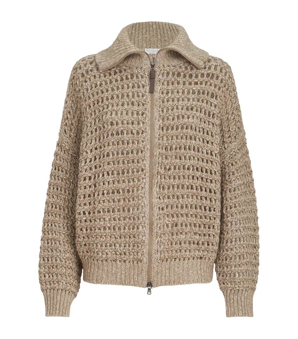 Brunello Cucinelli Womens Wool-Cashmere-Blend Embellished Cardigan Beige+brown