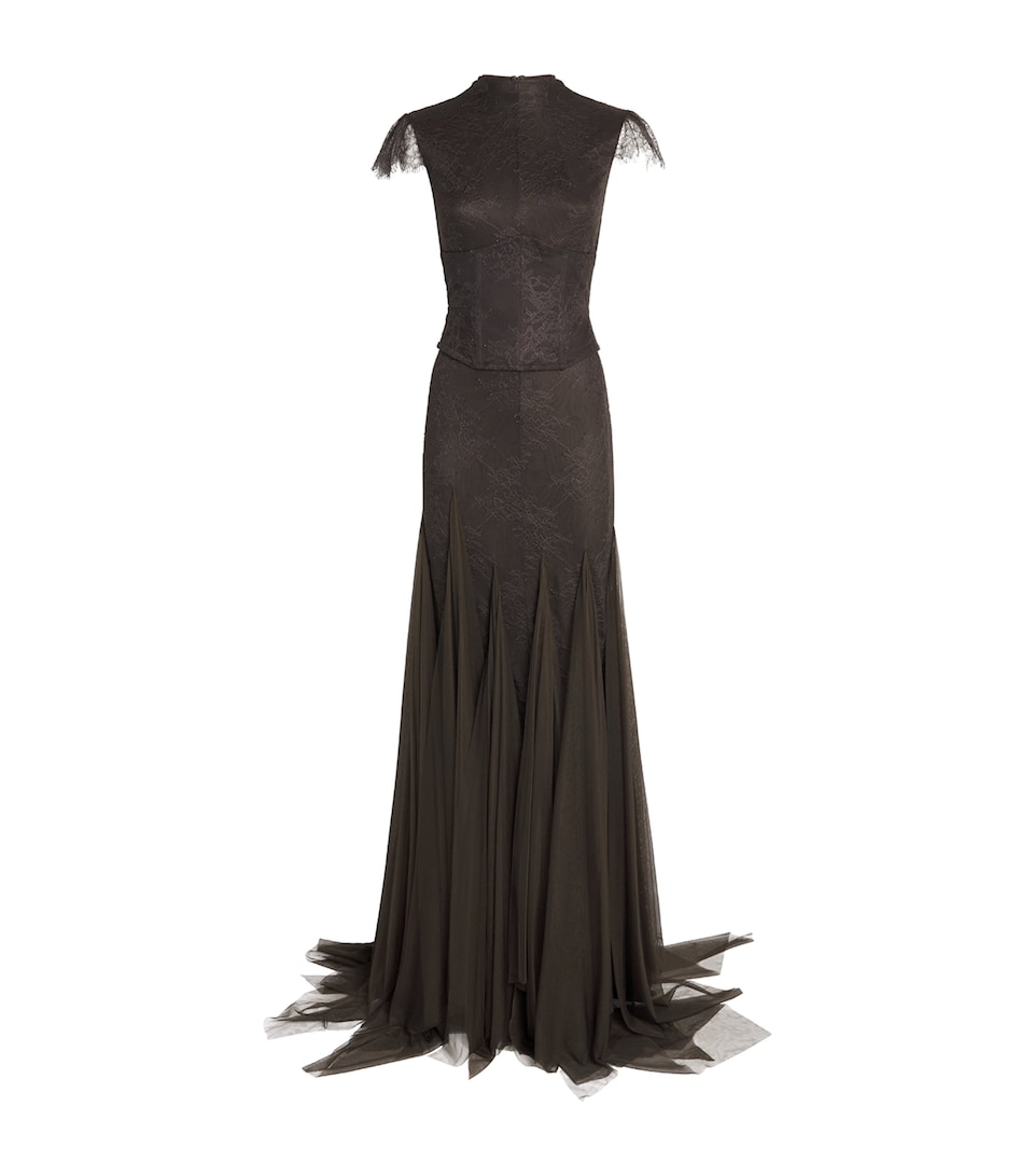 De La Vali Womens Lace-Tulle Zephyra Maxi Dress Chocolate Brown