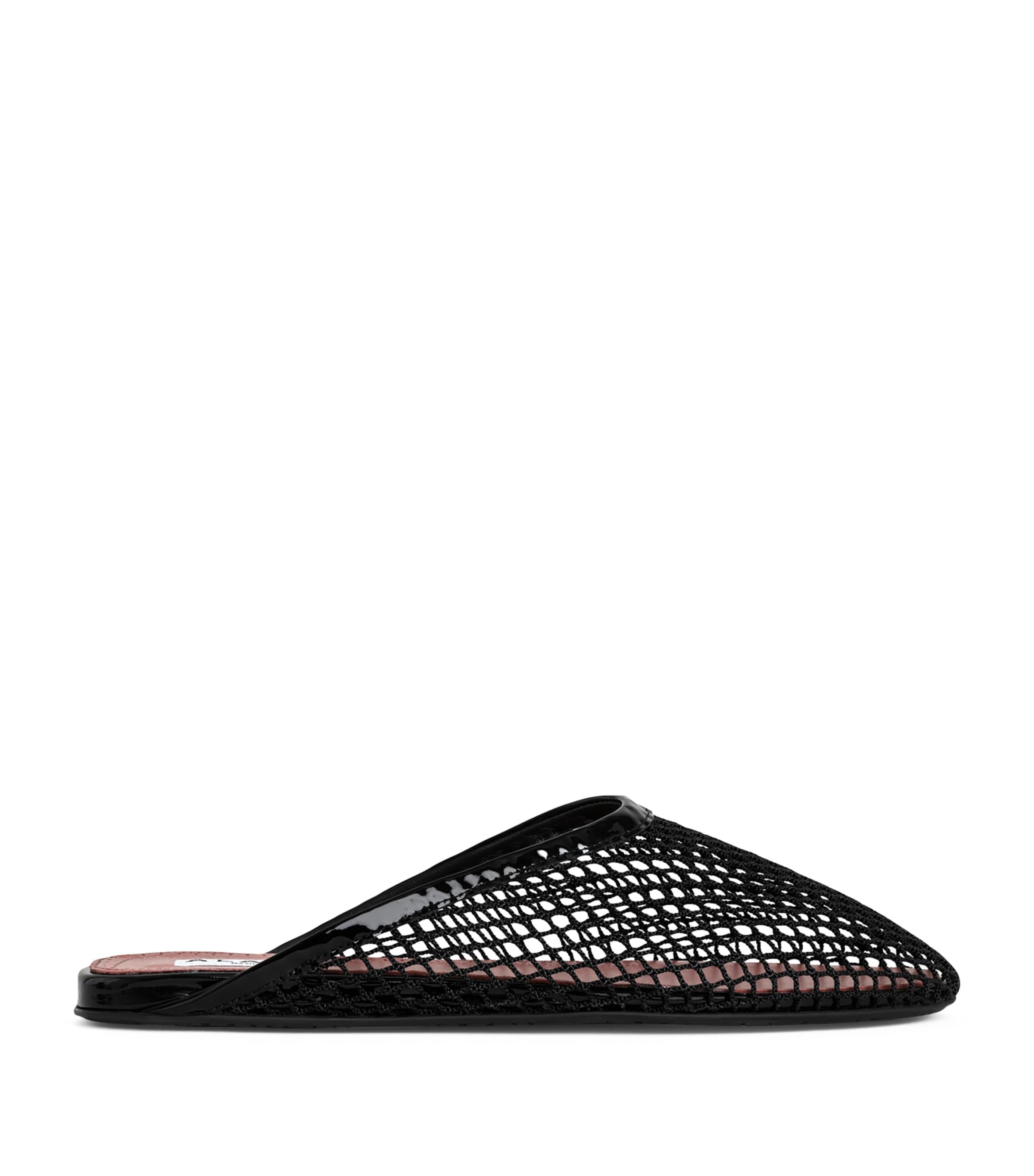 関税送料込♪【ALAIA】Infradito leather and fishnet mules ALAÏA OPTIC WHITE INFRADITO FLAT MULES IN FISHNET AND