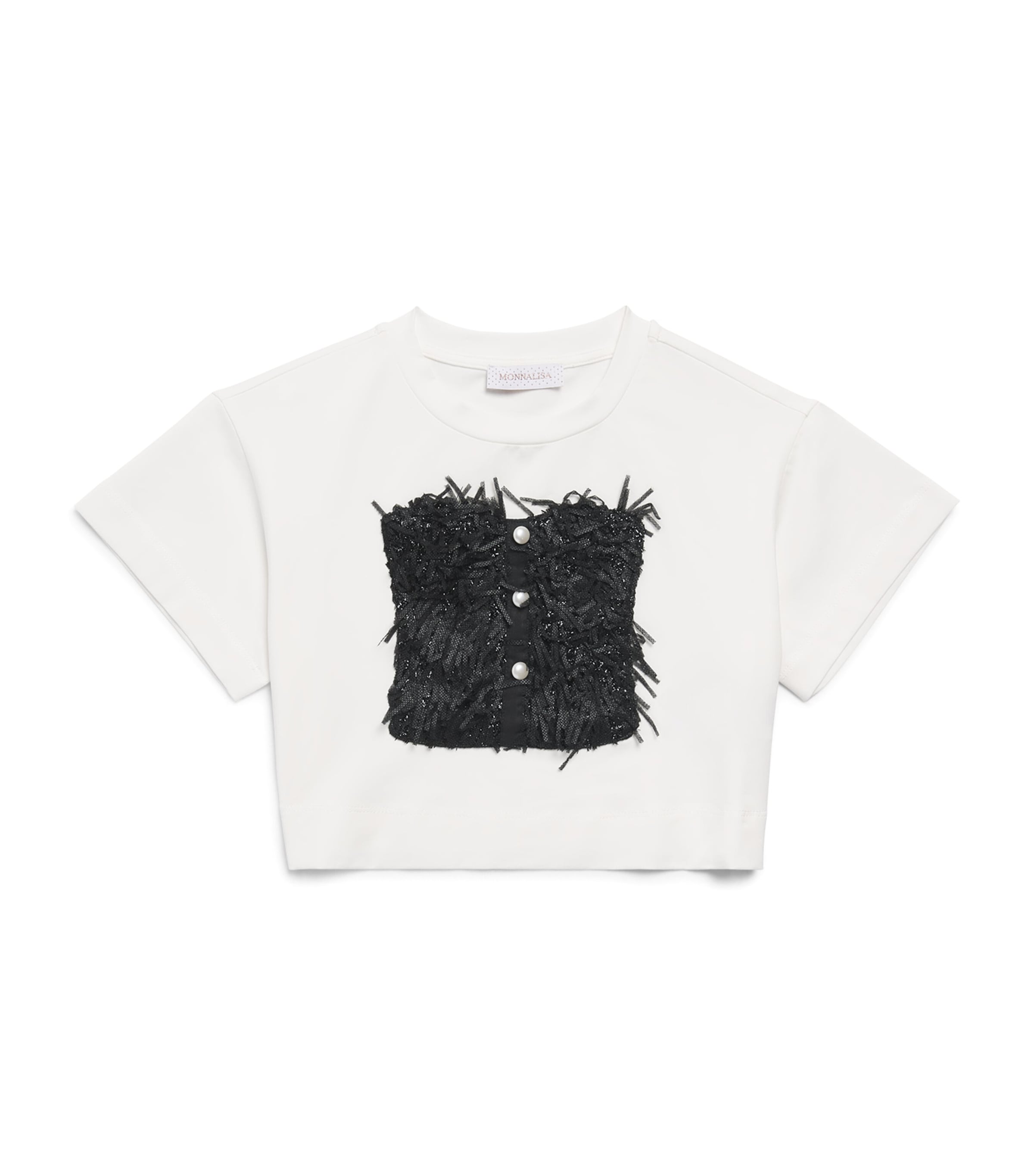 Monnalisa Stretch-Cotton Fringed T-Shirt (4-12 Years) Panna+nero