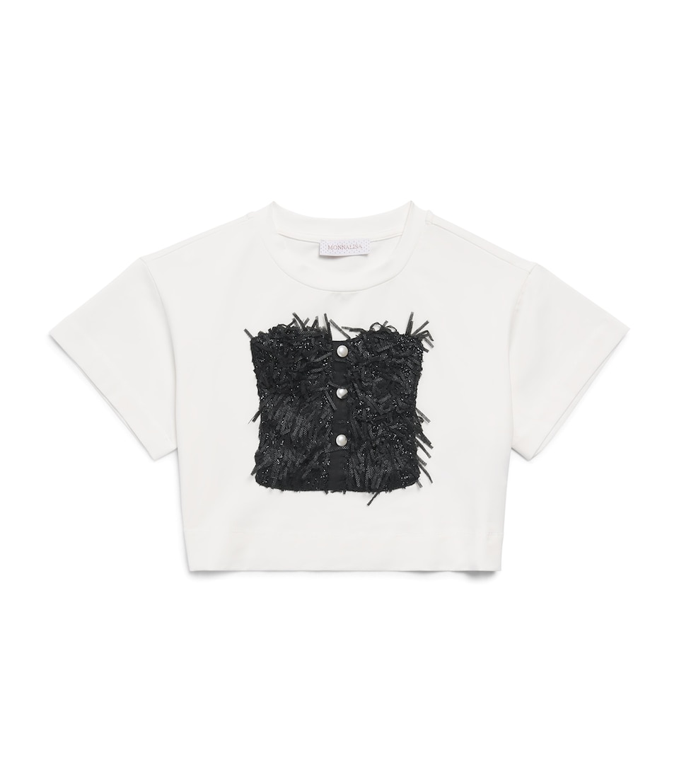 Monnalisa Stretch-Cotton Fringed T-Shirt (4-12 Years) Panna+nero