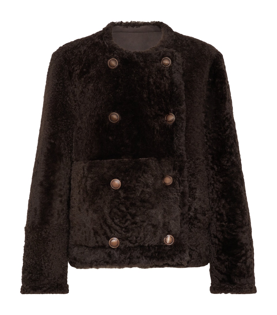 Brunello Cucinelli Womens Shearling-Leather Reversible Pea Coat