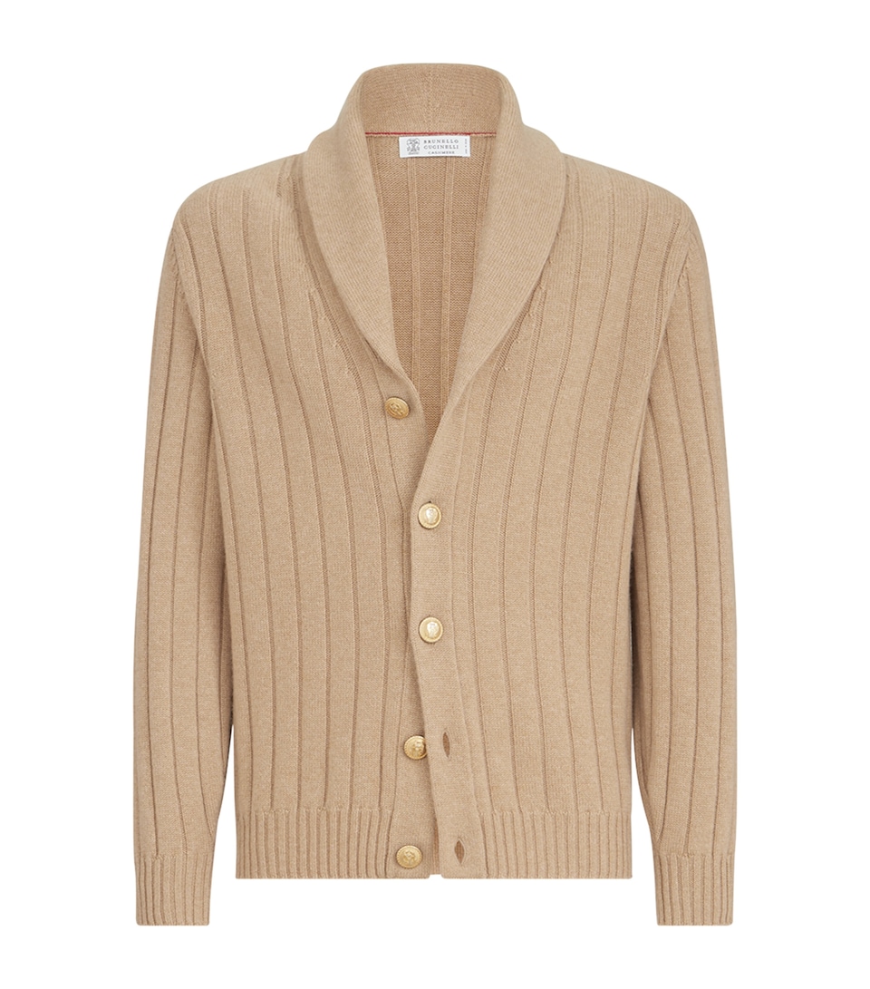 Brunello Cucinelli Mens Cashmere Ribbed Cardigan Camel