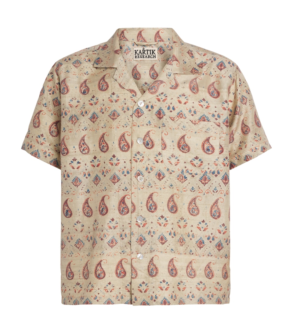 Kartik Research Mens Silk Printed Short-Sleeve Shirt Ecru/ Orange/ Indigo