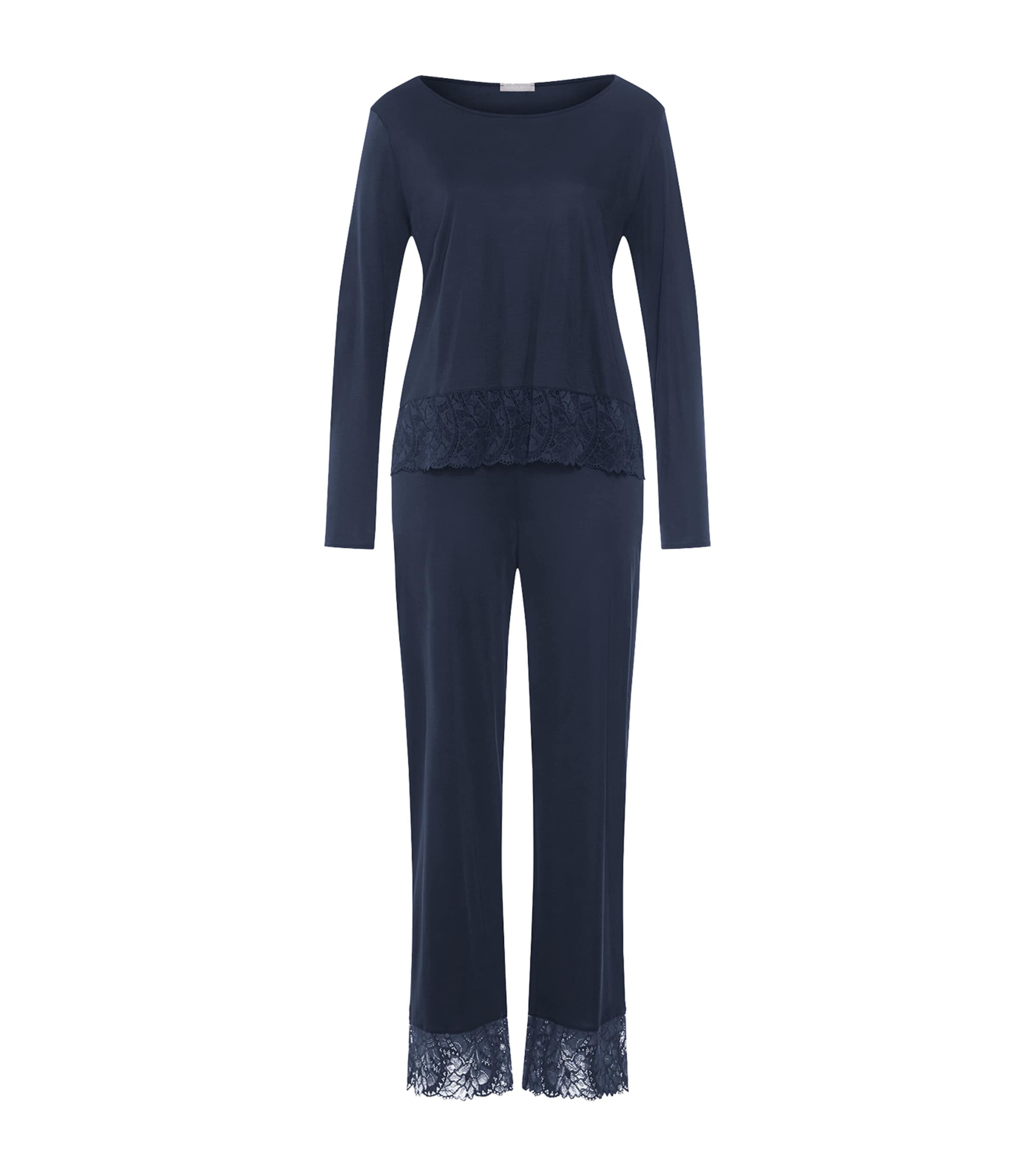 Hanro Womens Lace-Trim Long-Sleeve Pyjamas Deep Navy
