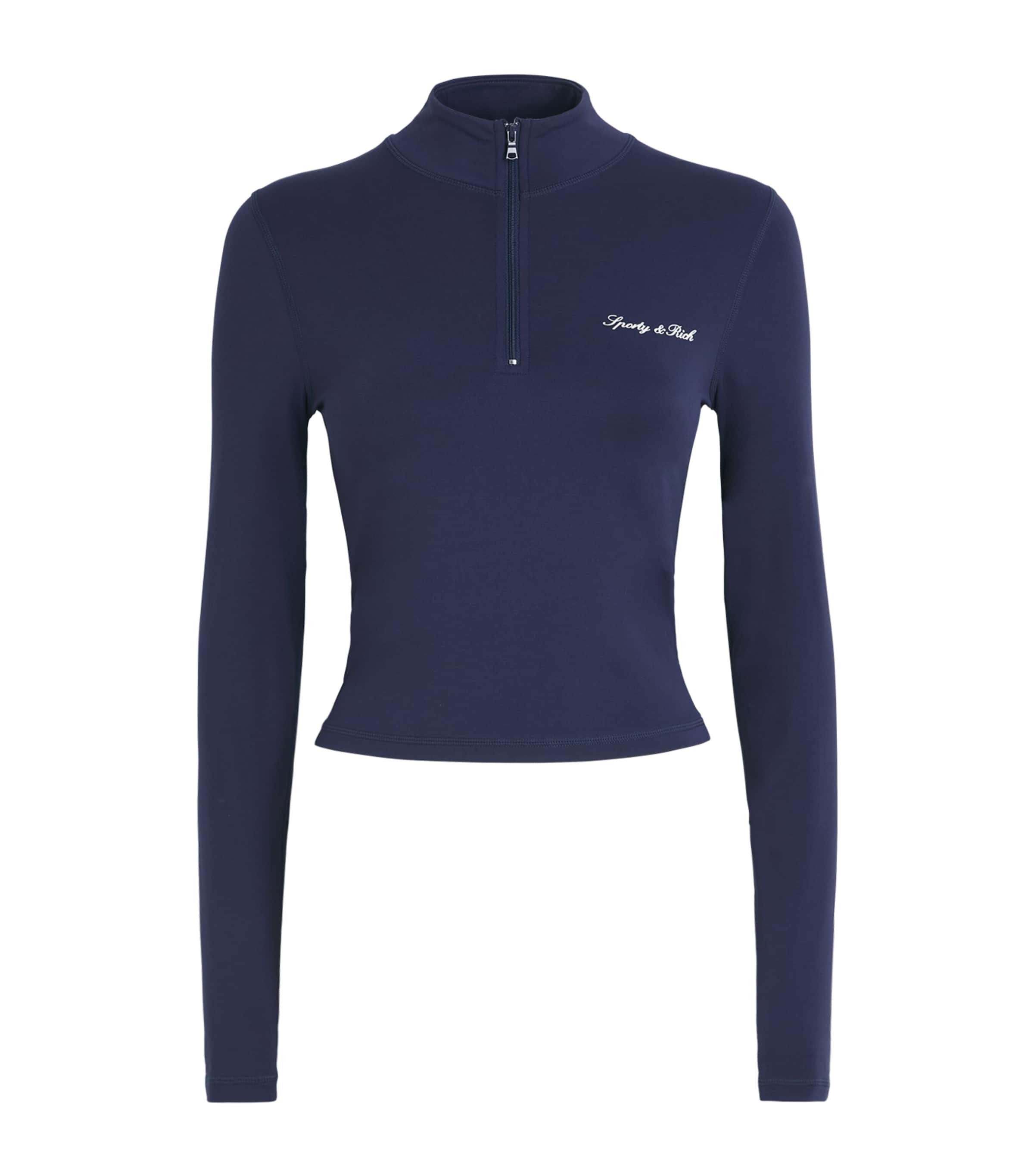 Sporty & Rich Womens Signature Logo Quarter-Zip Jacket Dark Navy White
