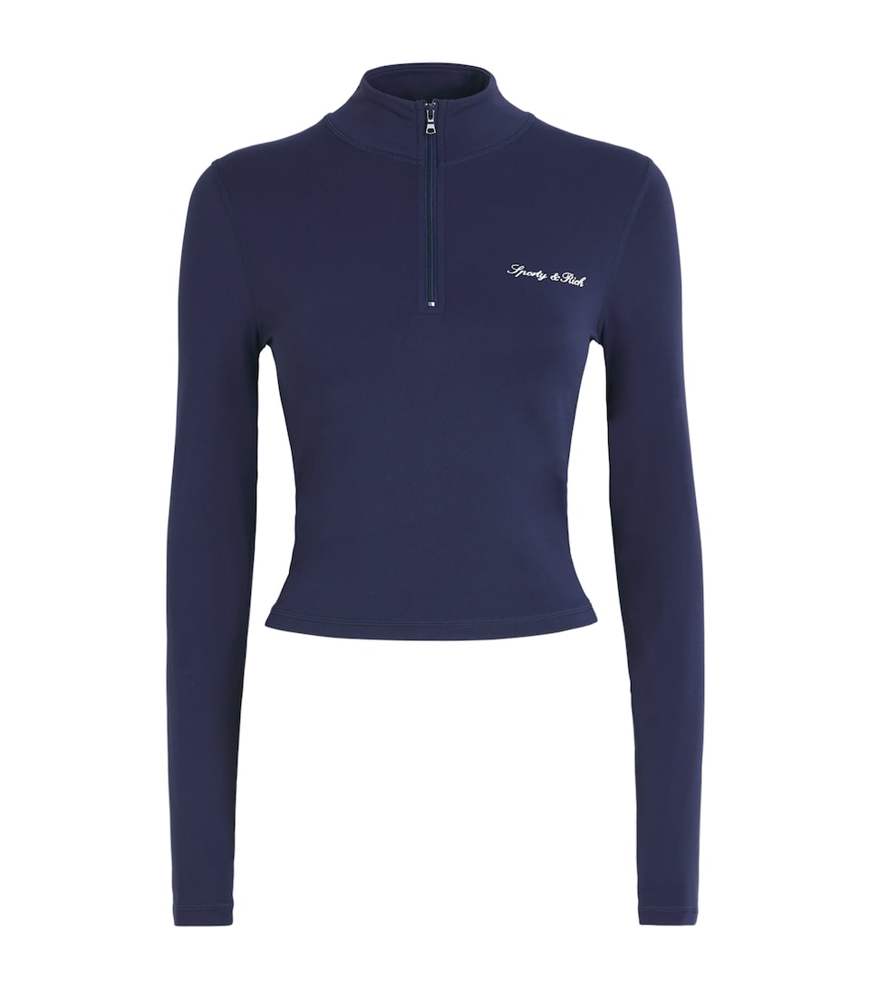 Sporty & Rich Womens Signature Logo Quarter-Zip Jacket Dark Navy White
