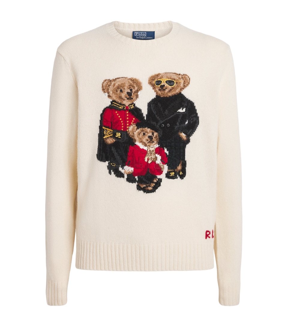Polo Ralph Lauren Mens Wool-Cashmere Polo Bear Family Sweater Authentic Cream