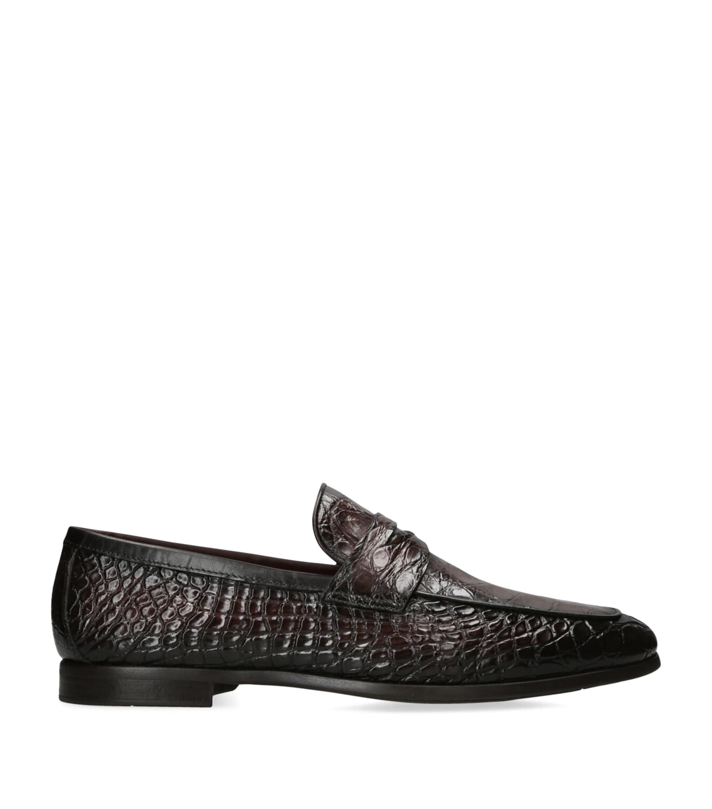 Magnanni Crocodile Leather Penny Loafers Dark Brown