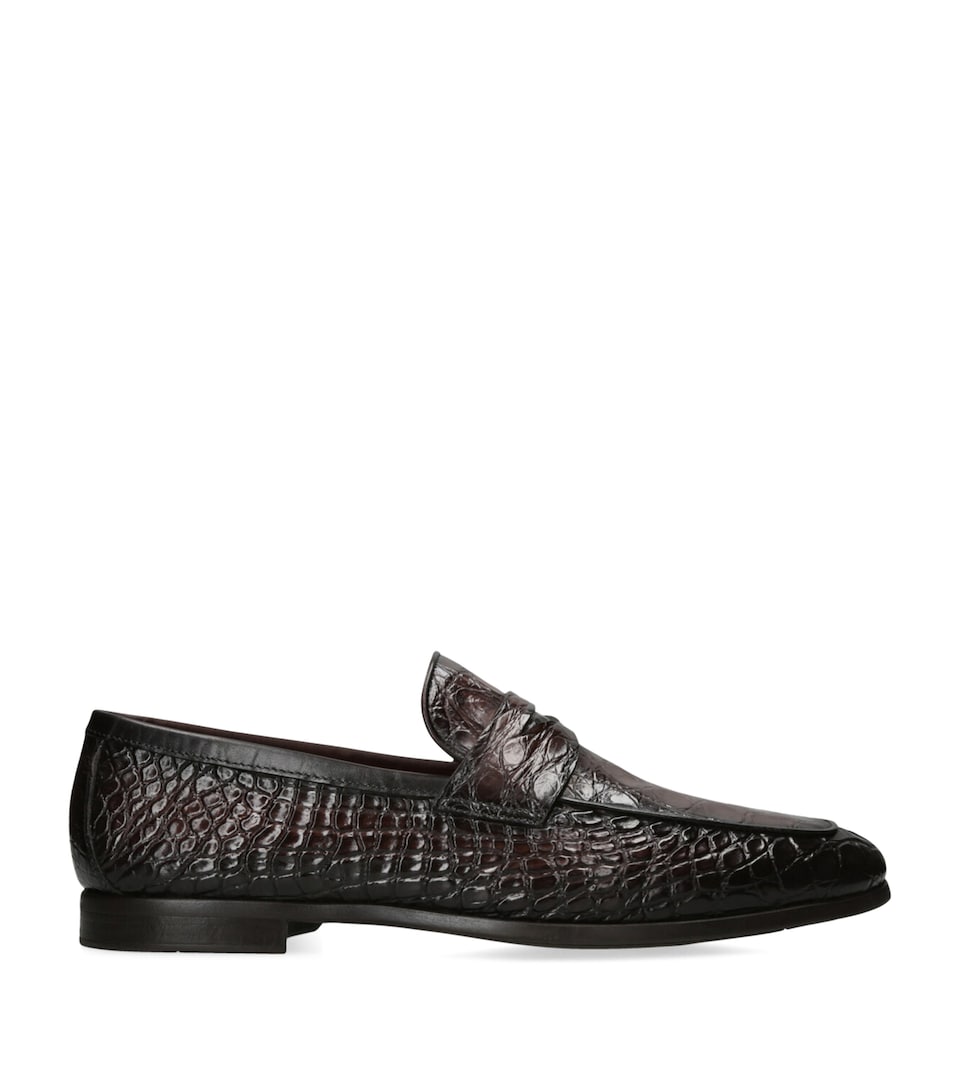 Magnanni Crocodile Leather Penny Loafers Dark Brown
