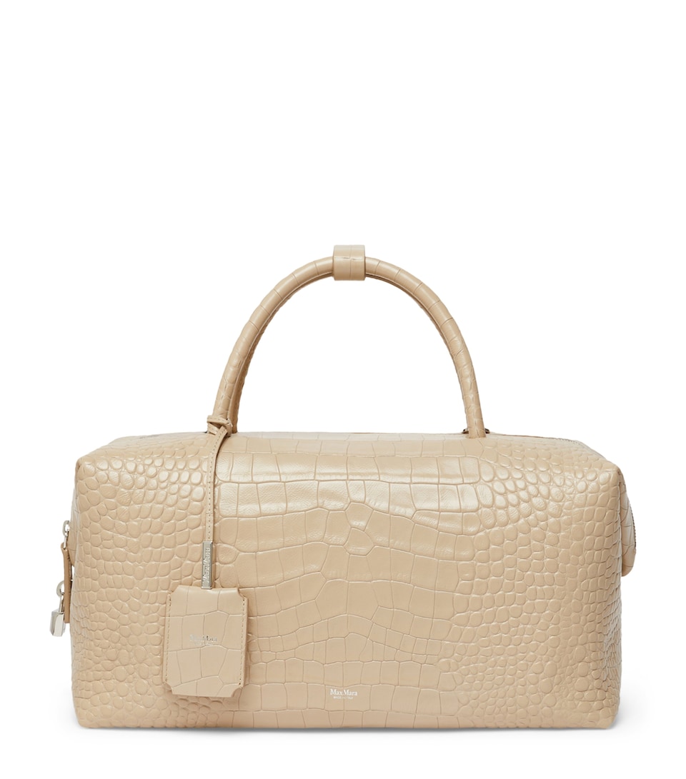 Max Mara Large Leather Croc-Embossed Boston Bowler Bag Ice