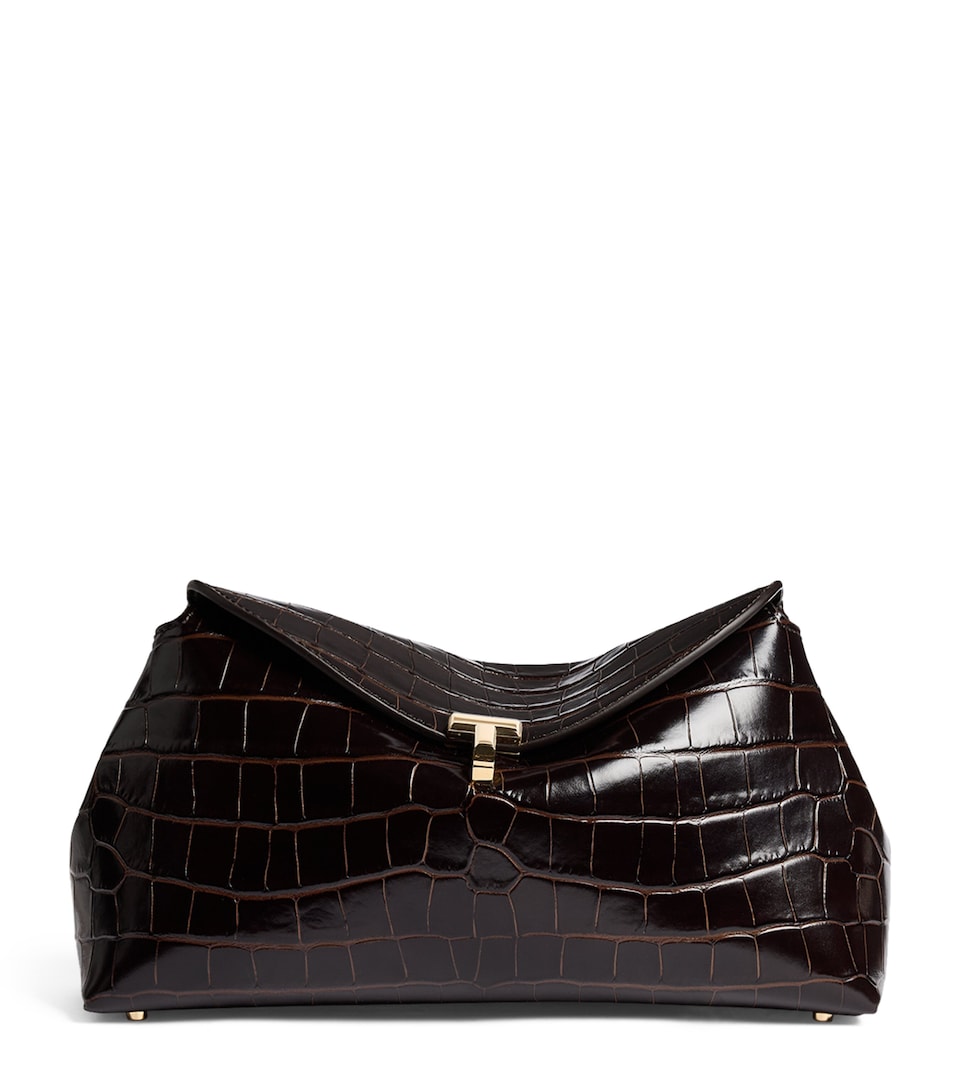 Toteme Croc-Embossed Leather T-Lock Clutch Bag Brown