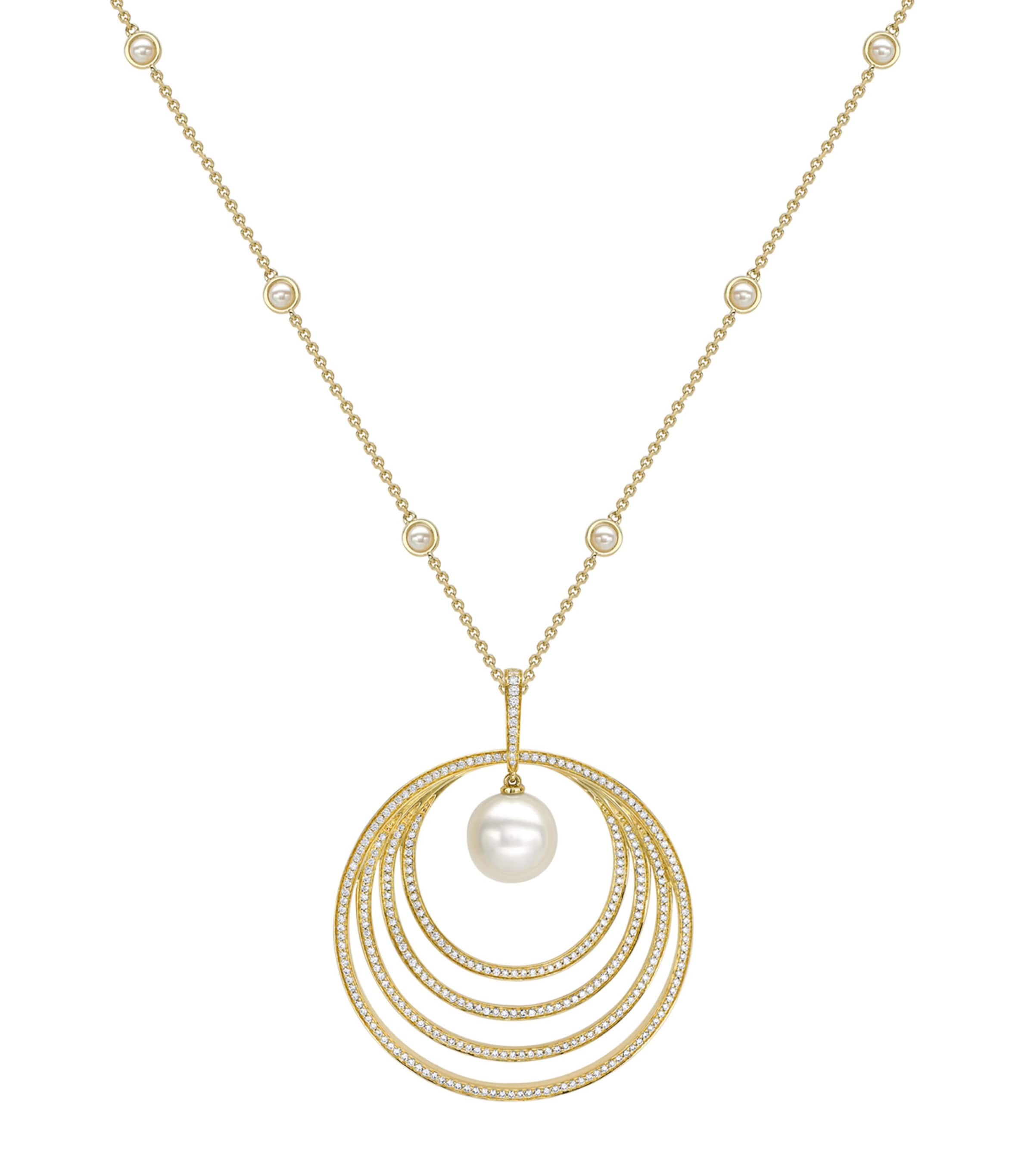 Yellow Gold, Diamond and Pearl Roulette Pendant Necklace