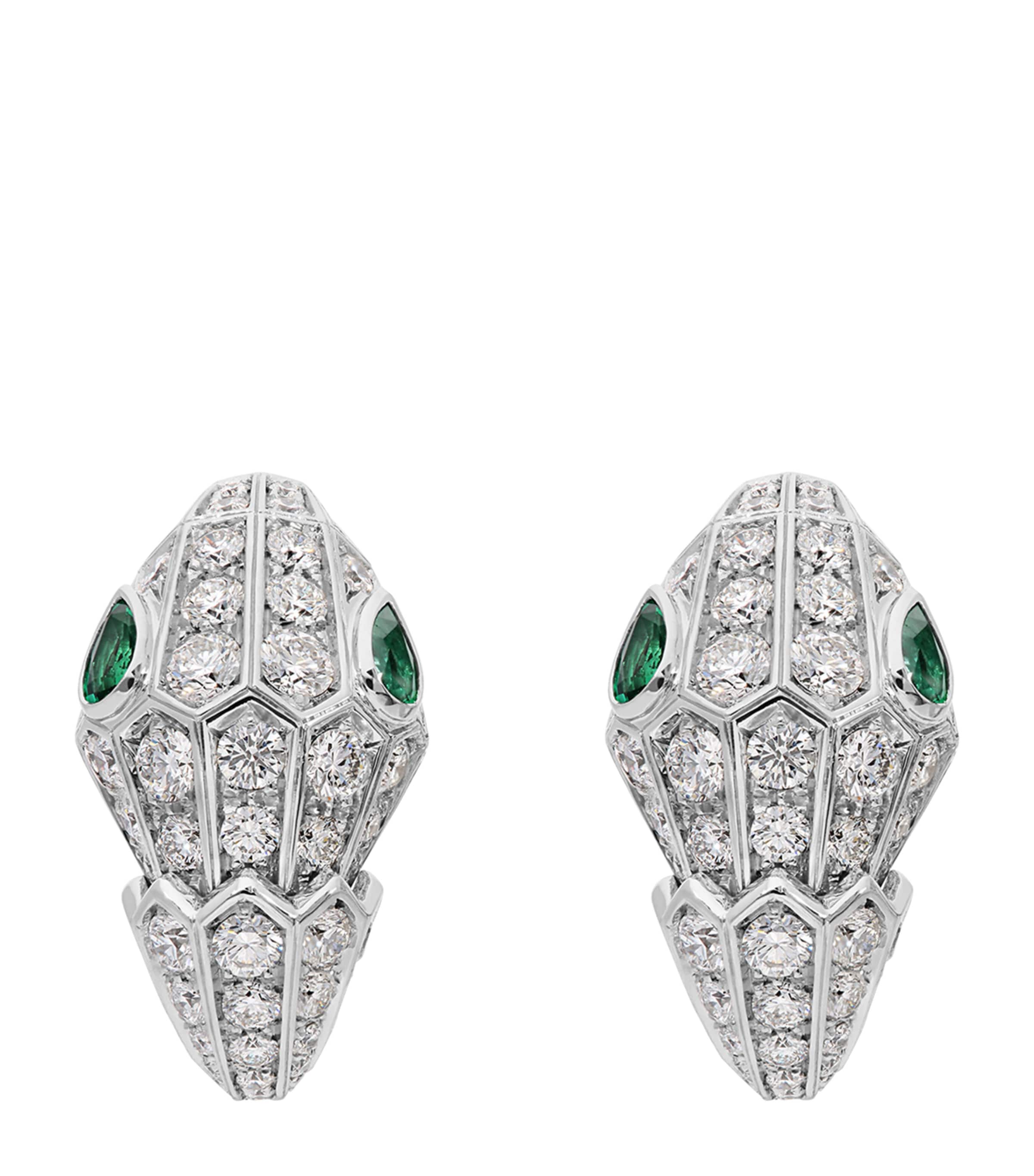 White Gold, Diamond and Emerald Serpenti Earrings