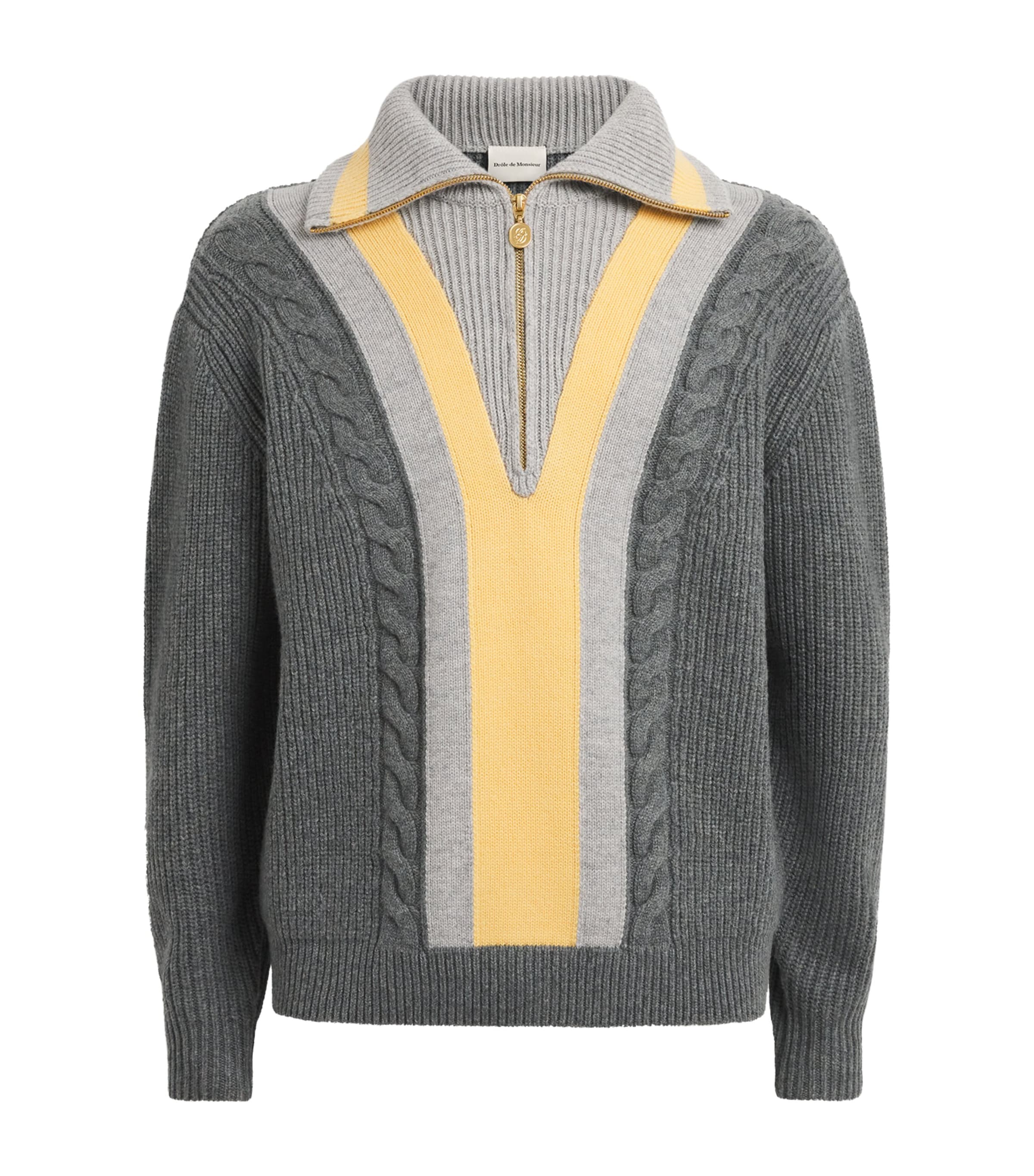Drôle de Monsieur Mens Wool-Cashmere Half-Zip Trucker Sweater Grey