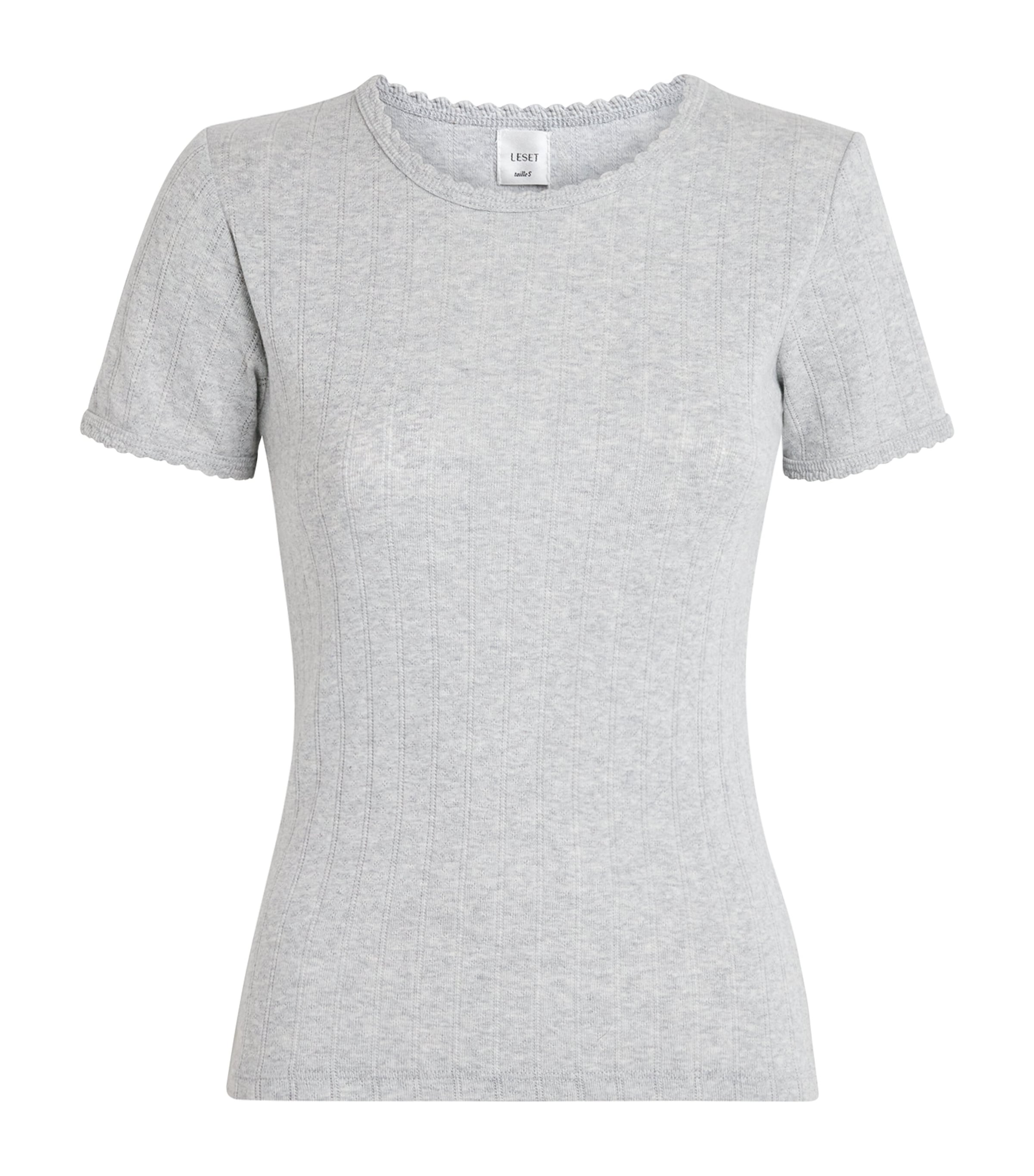 LESET Womens Cotton Pointelle Short-Sleeve T-Shirt Light Grey Melange