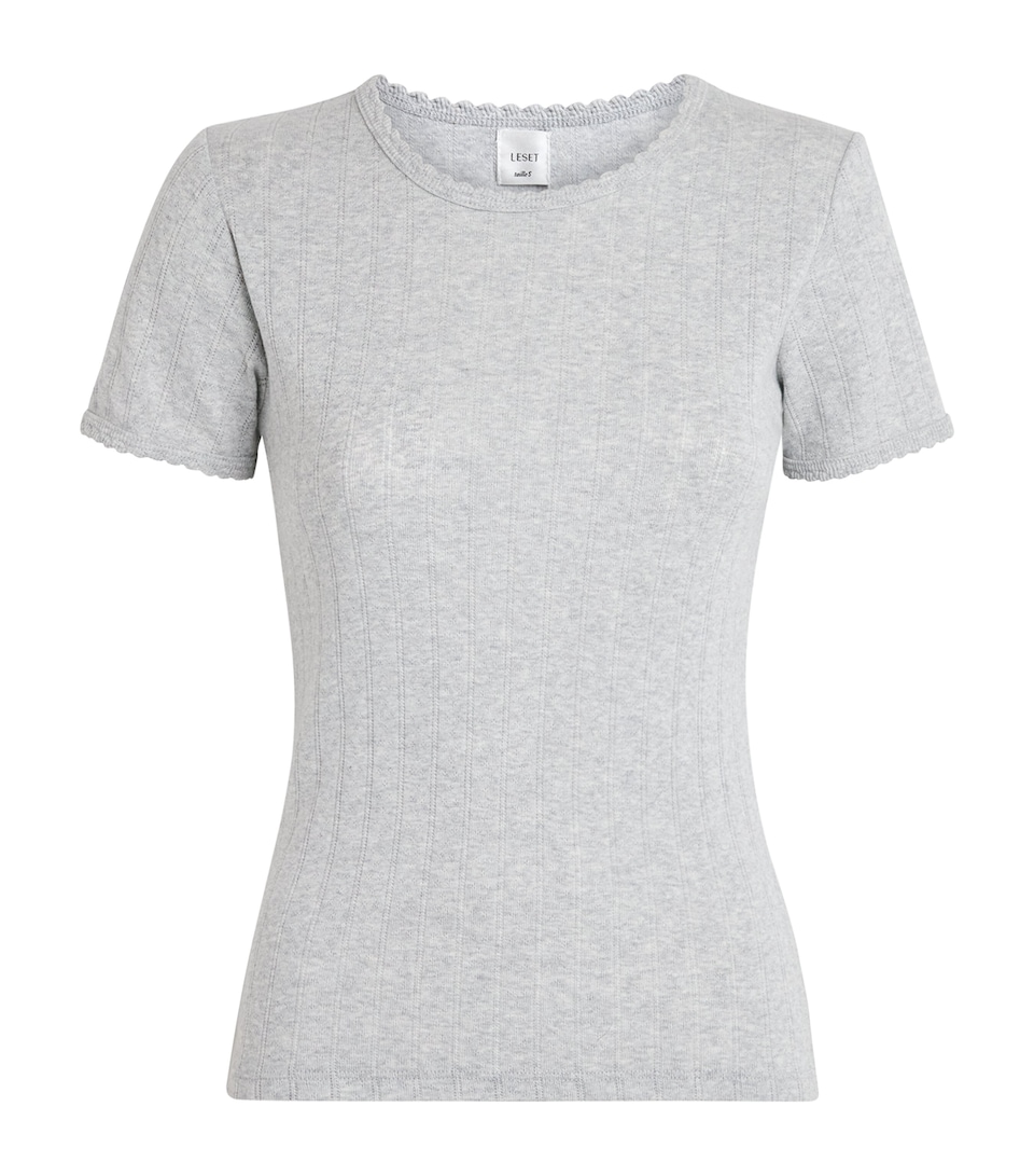 LESET Womens Cotton Pointelle Short-Sleeve T-Shirt Light Grey Melange