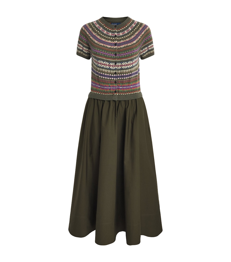 Polo Ralph Lauren Womens Fair Isle Cardigan Midi Dress Olive Multi