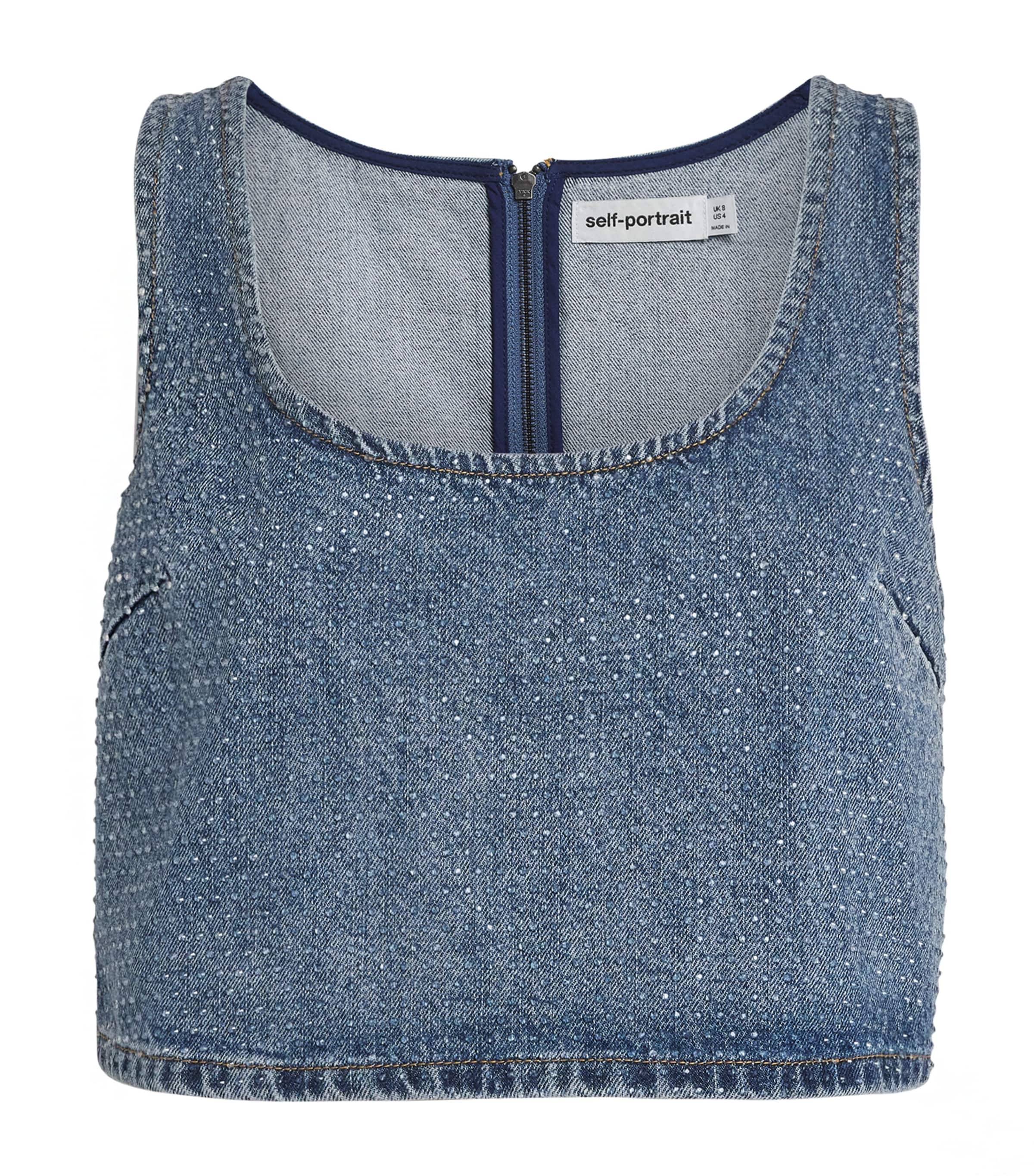 Denim Rhinestone-Embellished Crop Top