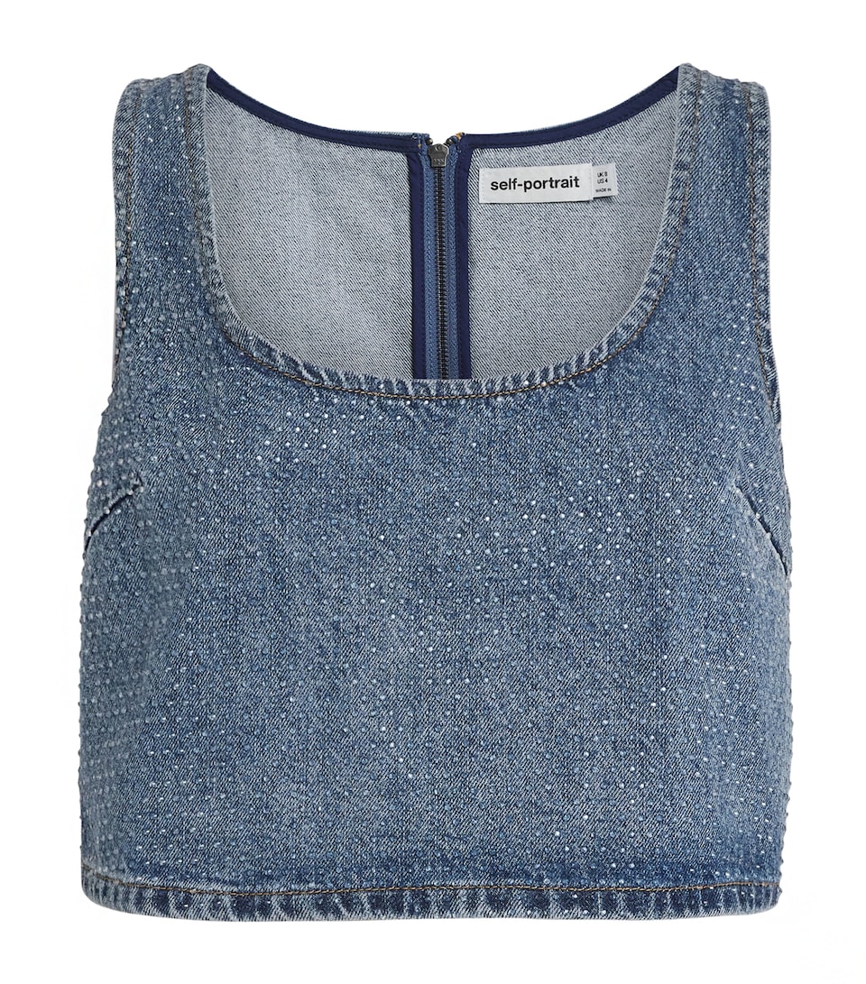 Denim Rhinestone-Embellished Crop Top