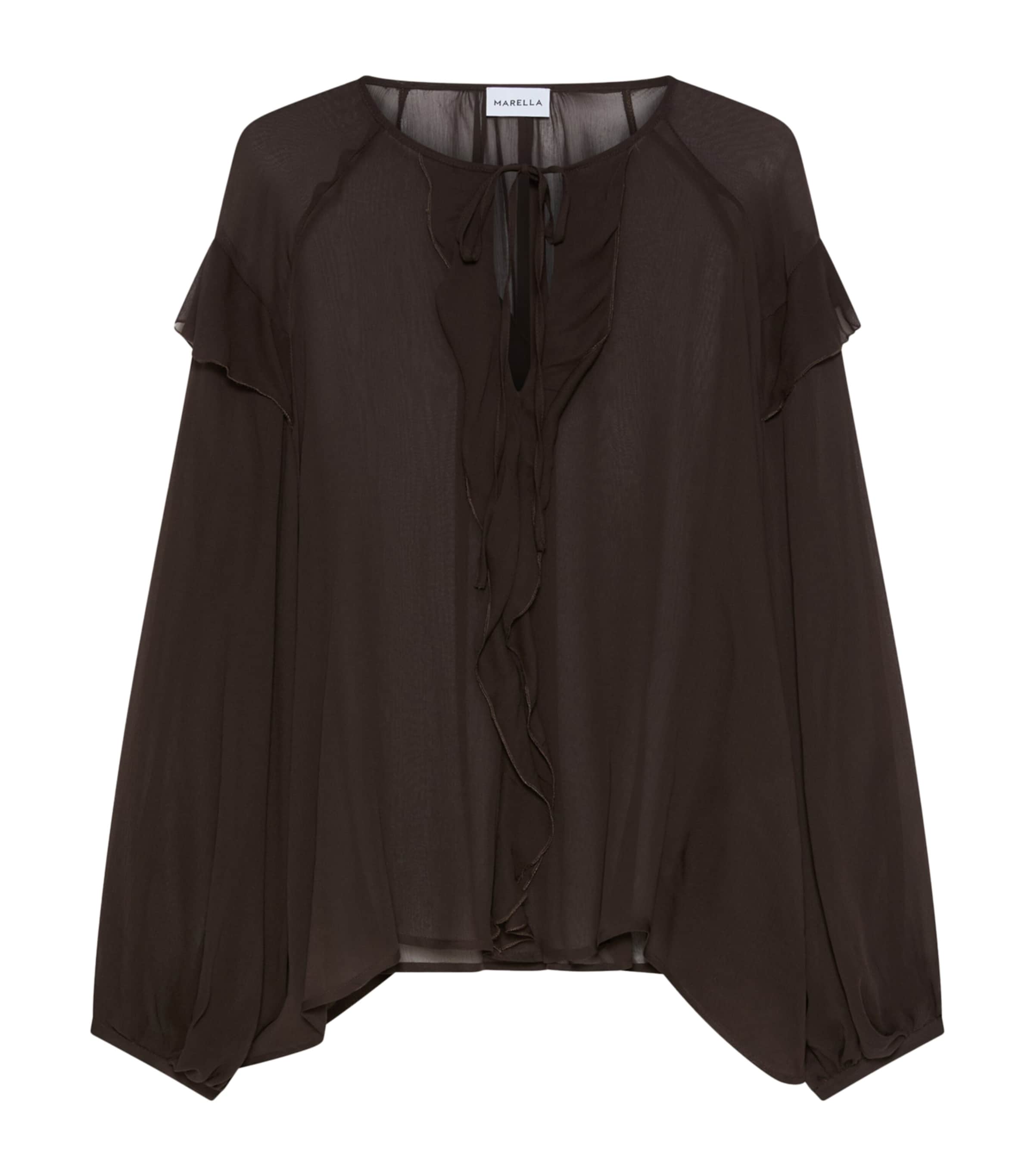 Marella Womens Crepon Sheer Ruffle Blouse Brown