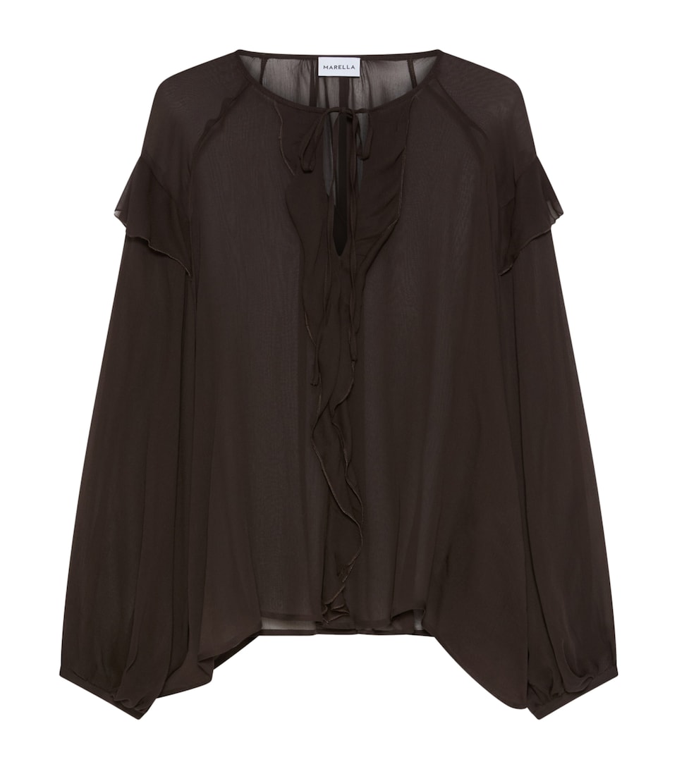Marella Womens Crepon Sheer Ruffle Blouse Brown