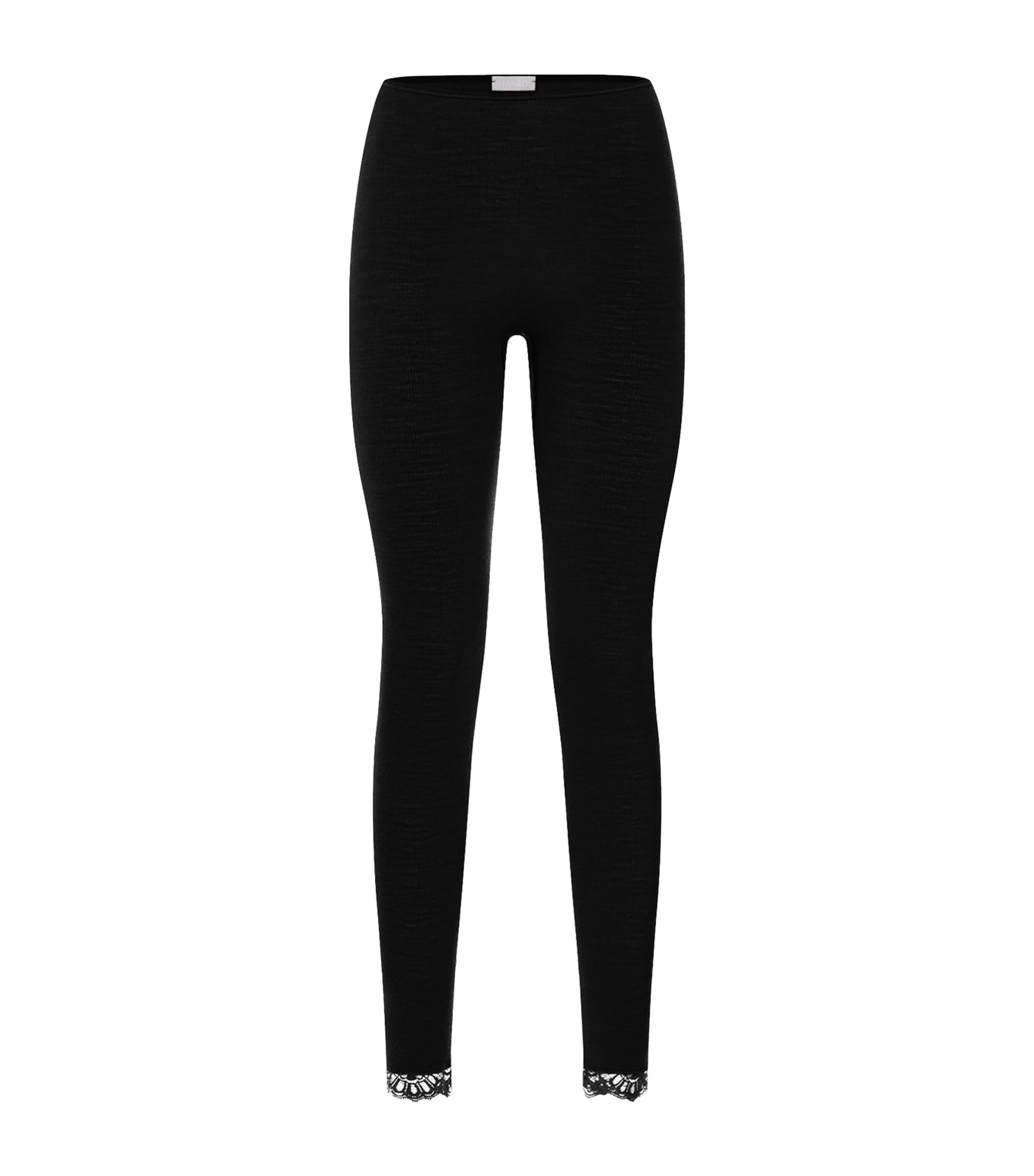 Hanro Womens Wool-Silk Lace-Hem Leggings Black