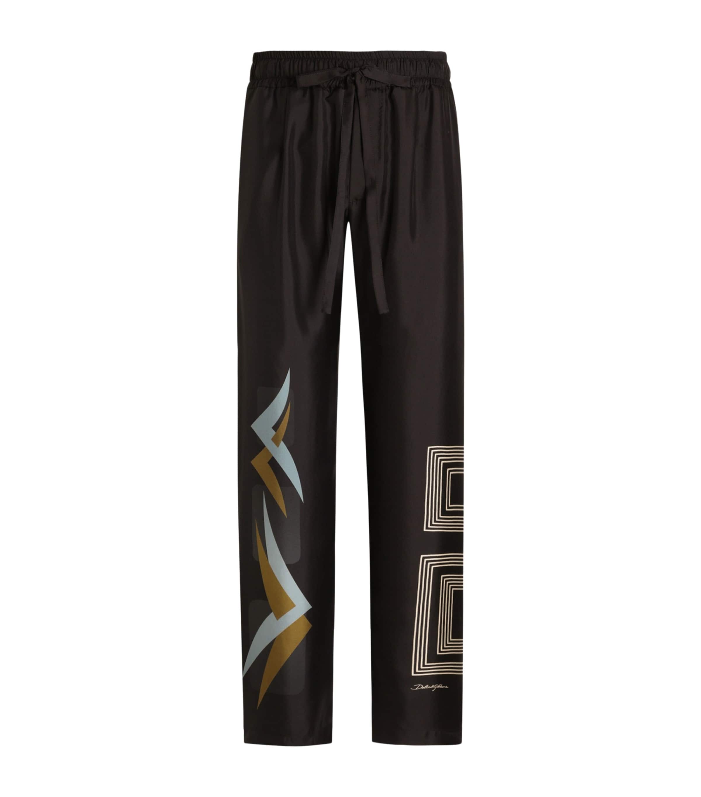 Dolce&Gabbana Mens Silk Twill Geometric Print Drawstring Trousers Geometrico Dec