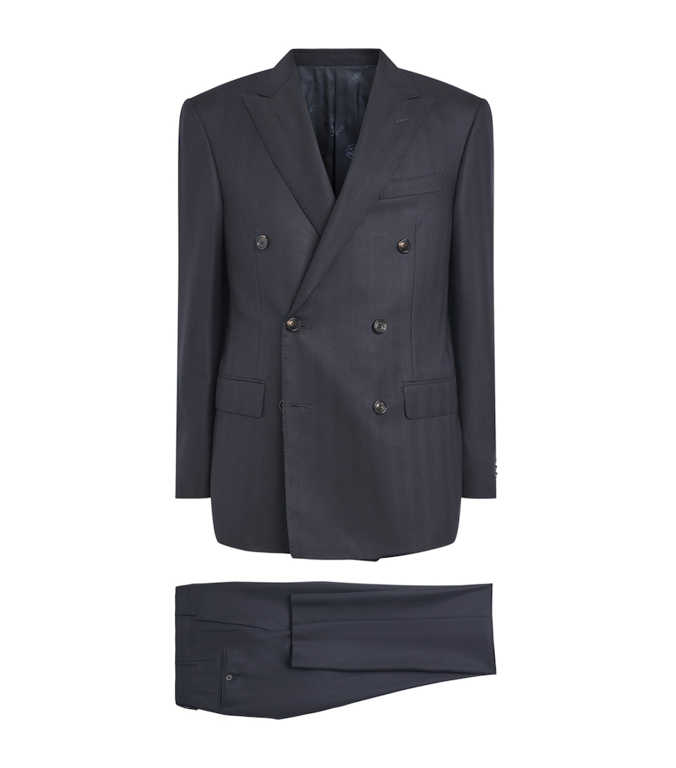 Corneliani Mens Wool Herringbone 2-Piece Suit Navy Blue