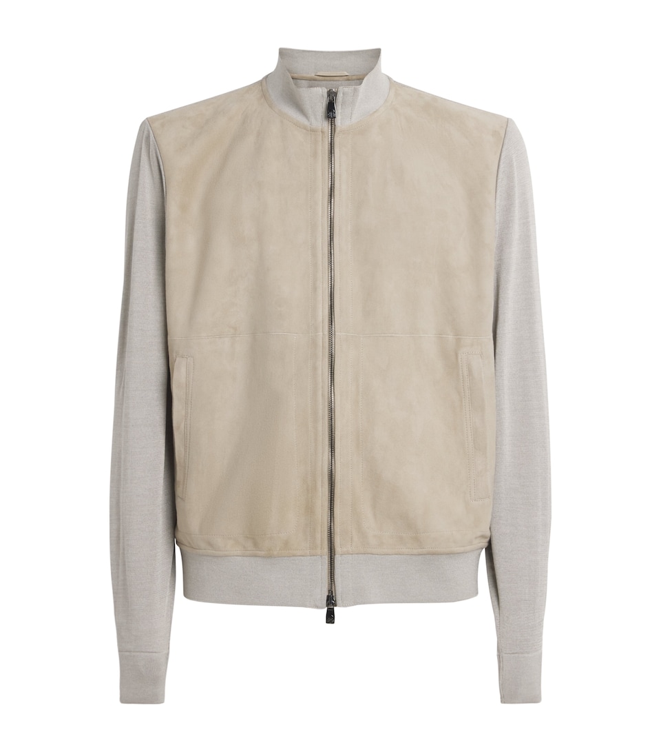 Stretch-Silk Suede-Front Bomber Jacket