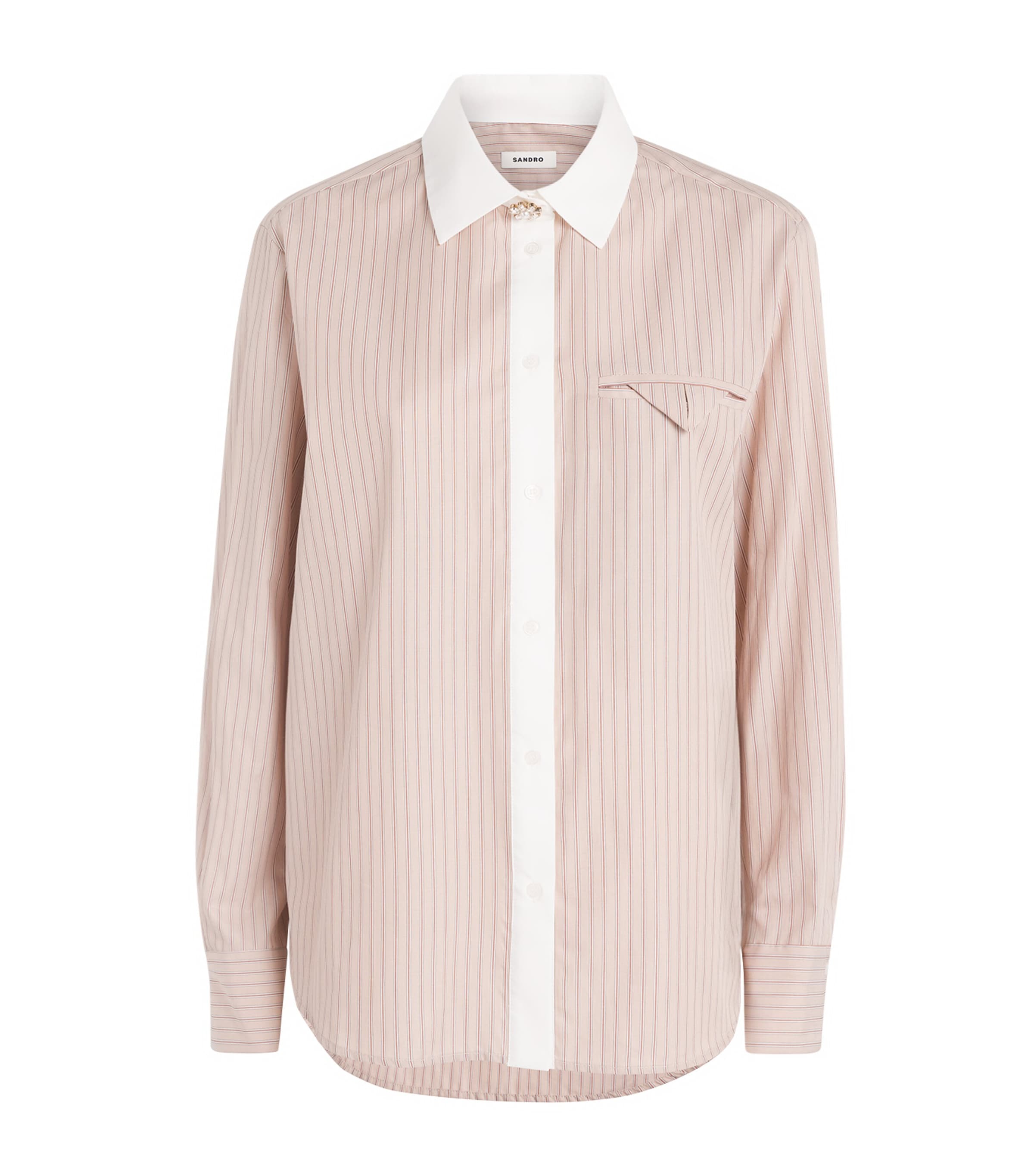 Sandro Paris Womens Cotton Stripe Contrast-Collar Shirt Beige