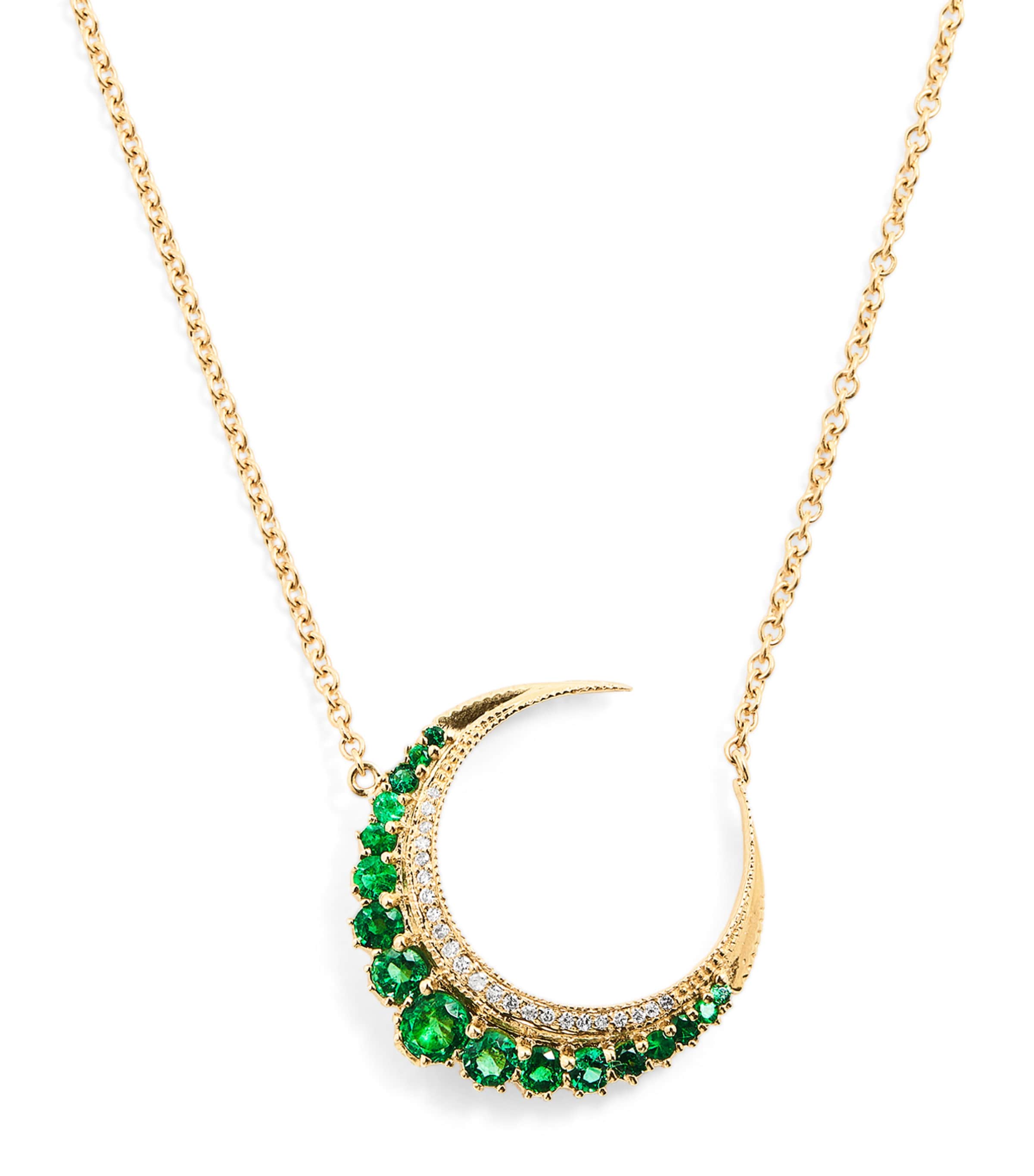 Small Yellow Gold, Diamond and Emerald Crescent Moon Necklace