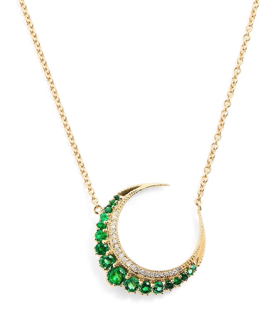Small Yellow Gold, Diamond and Emerald Crescent Moon Necklace