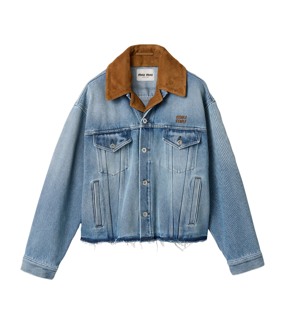 Miu Miu Womens Denim and Suede Jacket Light Blue