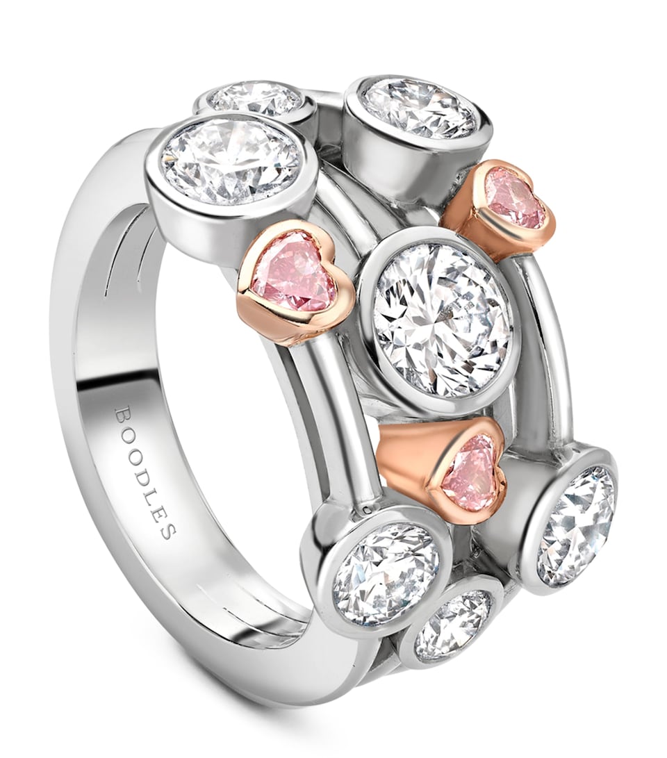 Boodles Platinum, Rose Gold, White diamond and Pink Diamond Heart Raindance Ring Platinum