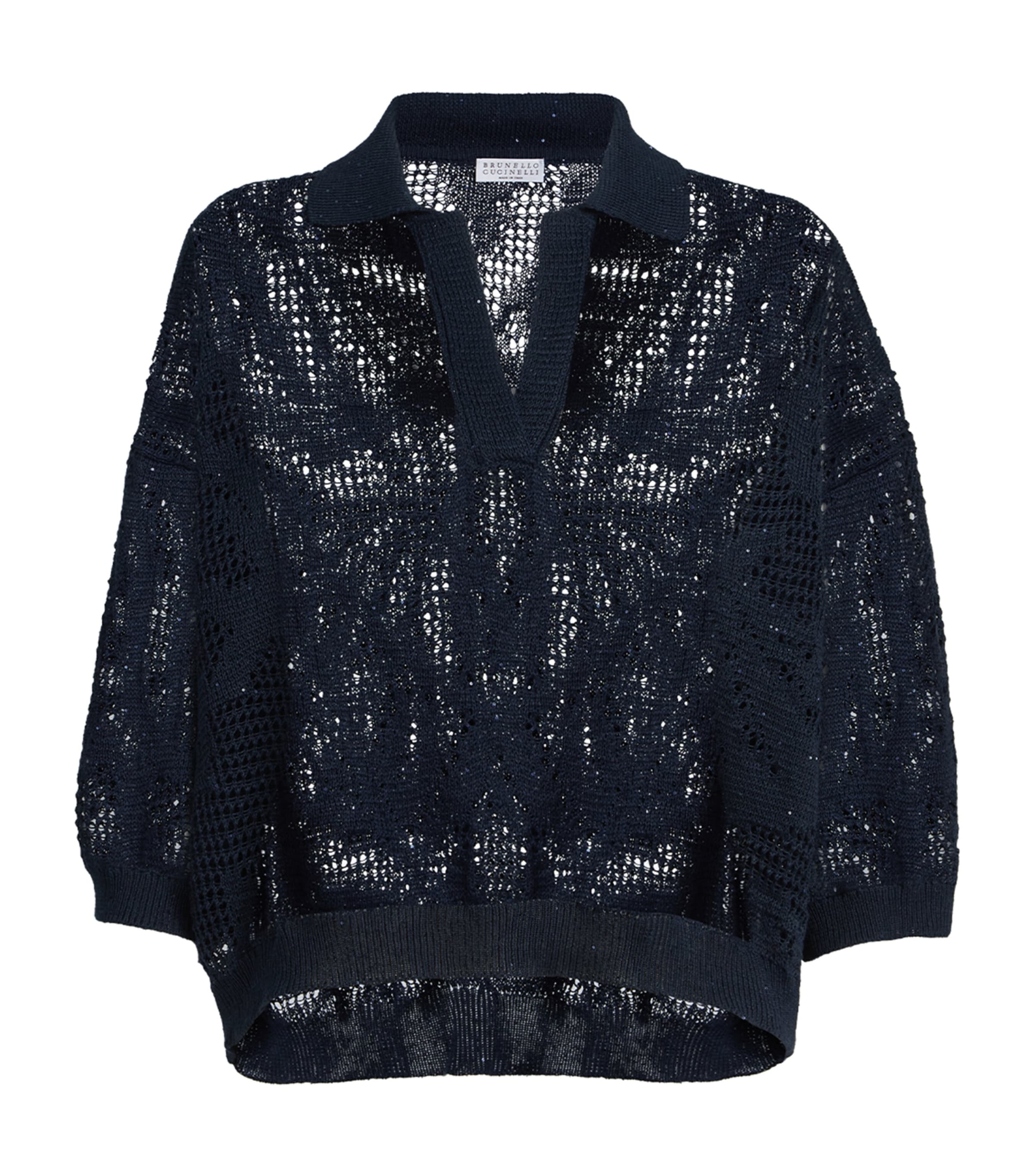 Linen-Cotton Embellished Polo Sweater