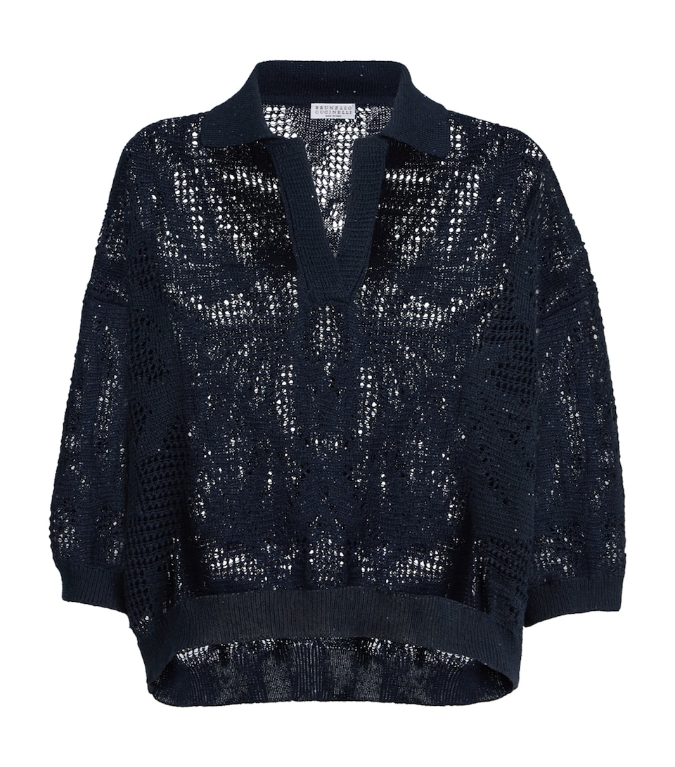 Linen-Cotton Embellished Polo Sweater