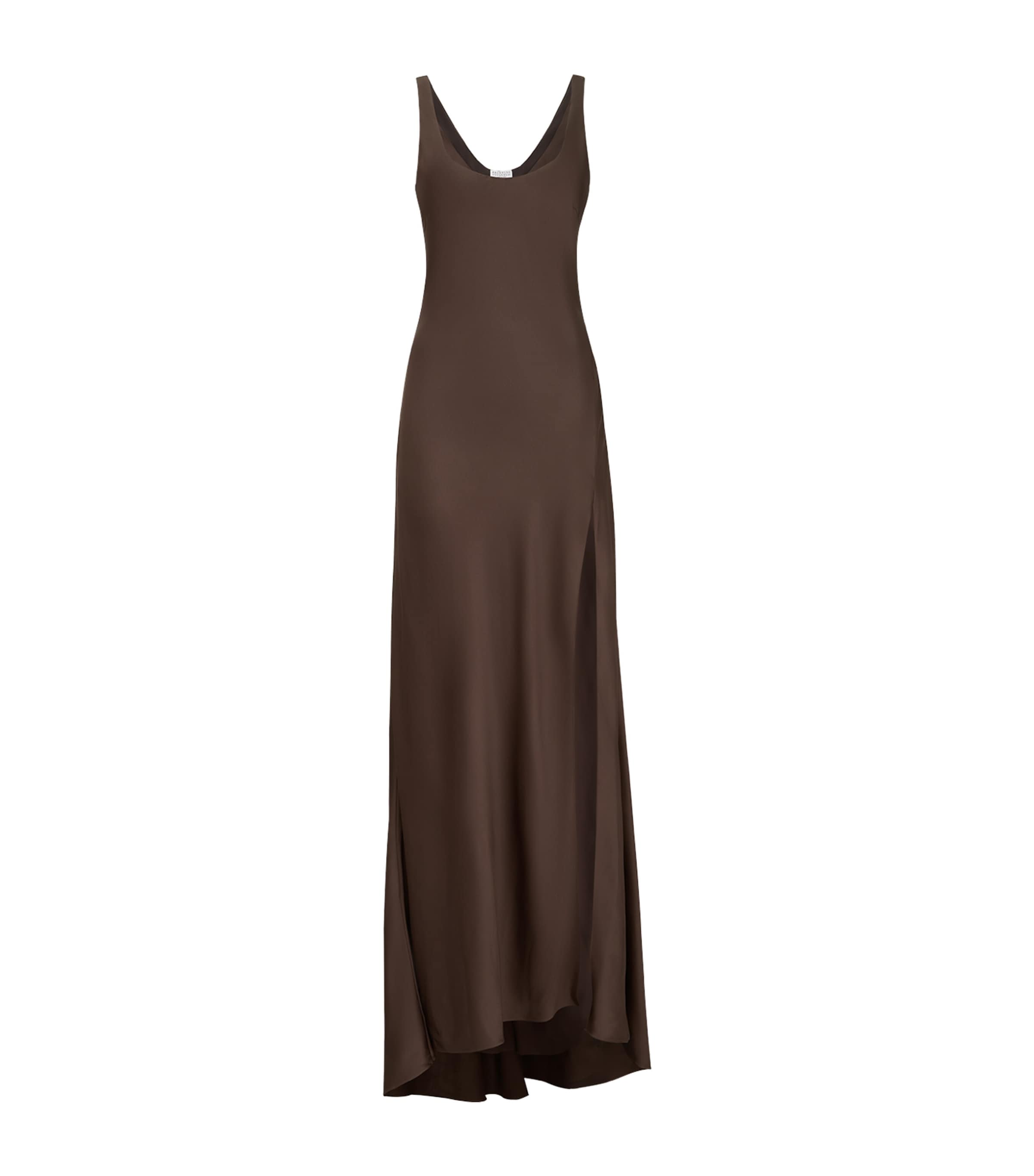 Brunello Cucinelli Womens Stretch-Silk Slip Dress Fondente