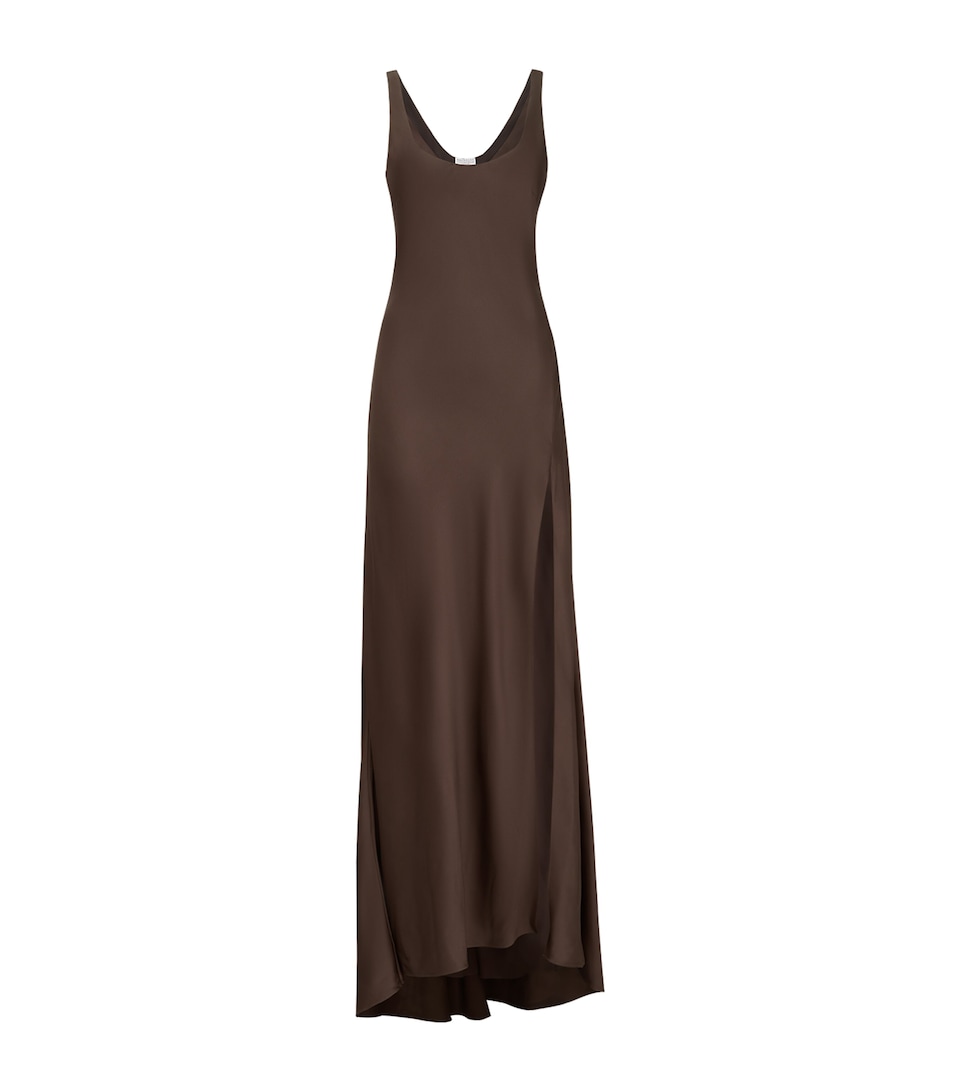 Brunello Cucinelli Womens Stretch-Silk Slip Dress Fondente