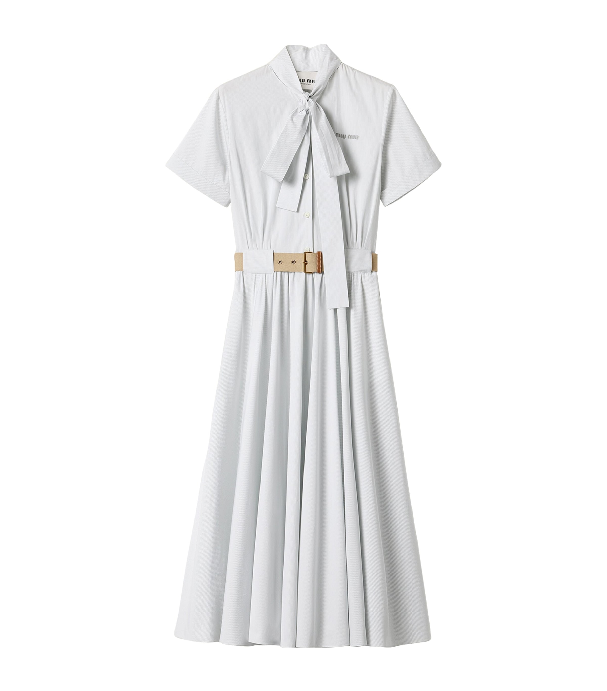 Cotton Pinstripe Belted Midi Dress