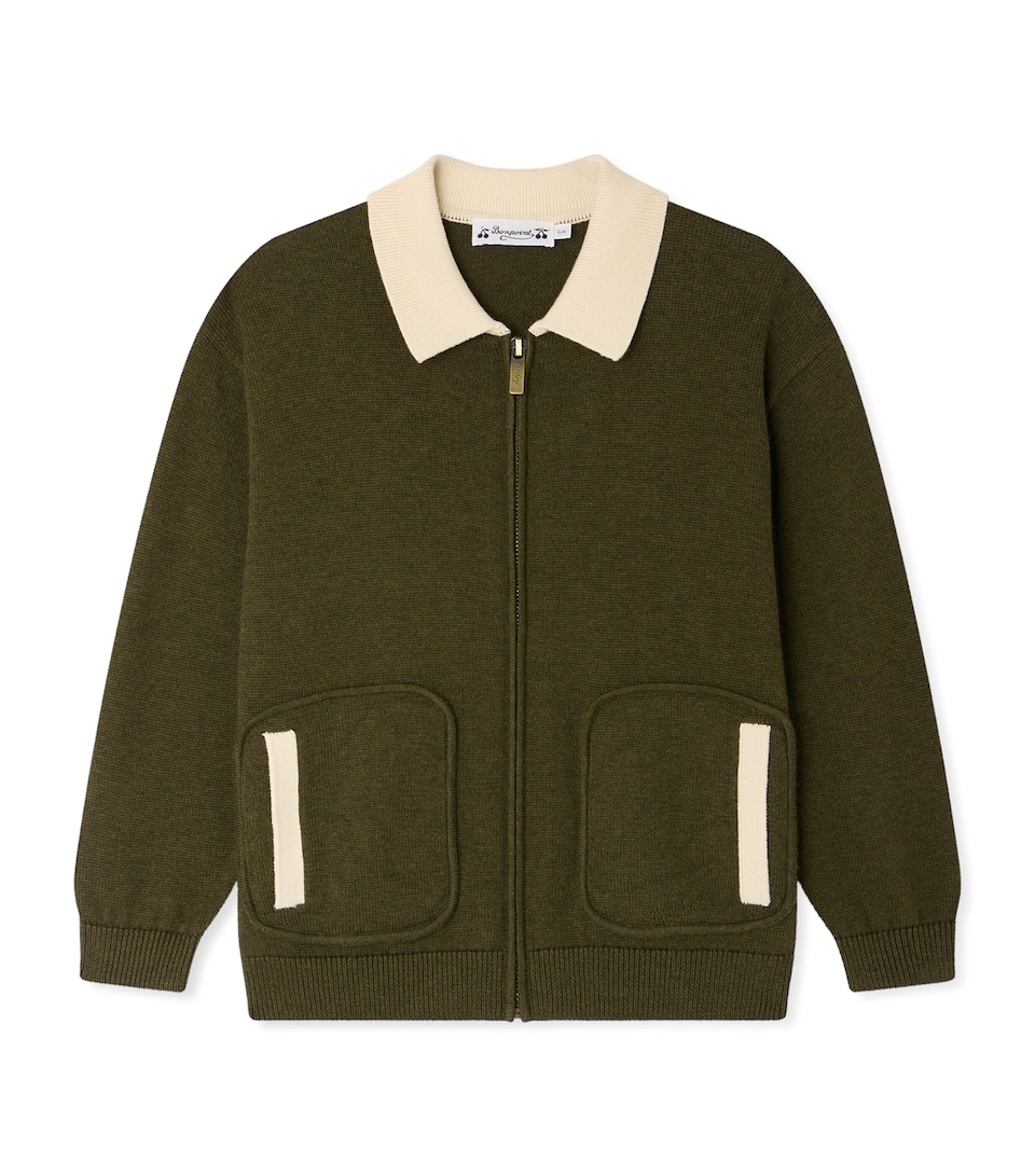 Bonpoint Cotton-Blend Zip-Up Cardigan (4-8 Years) Kaki Chine