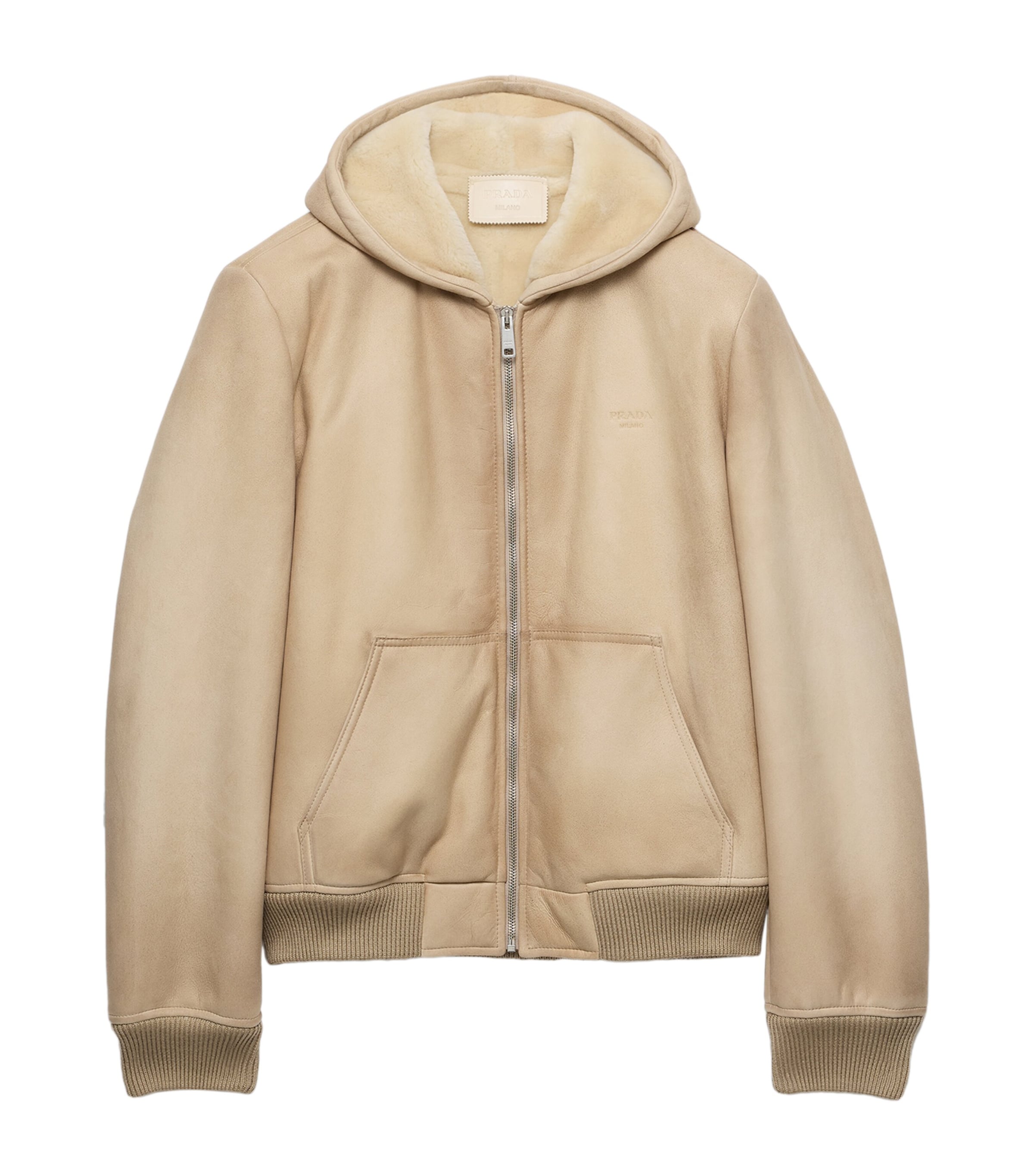 Prada Mens Shearling Hooded Bomber Jacket Neutral