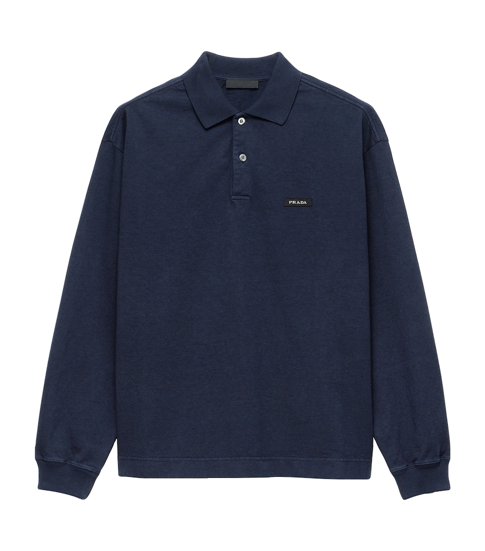 Prada Mens Cotton Long-Sleeve Polo Shirt Blue