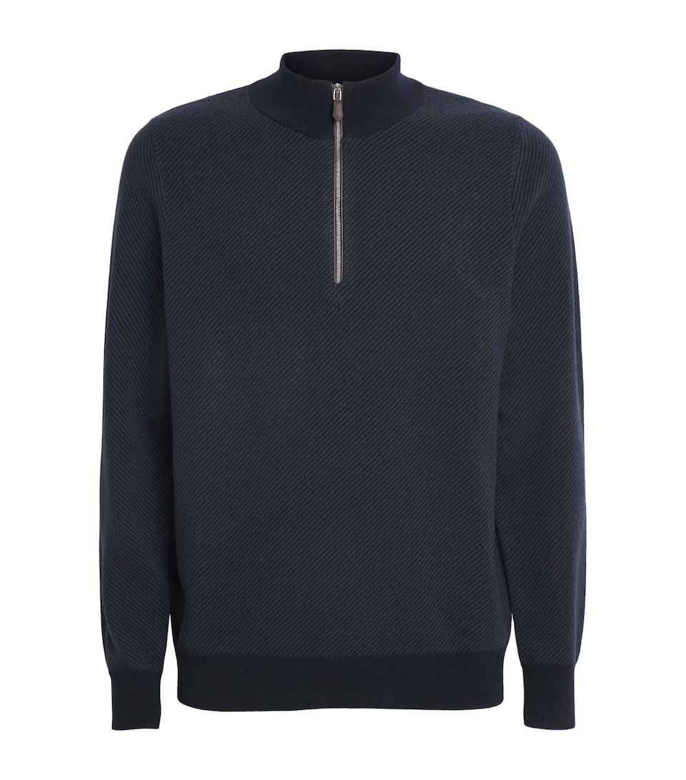 N.Peal Mens Cashmere Quarter-Zip Temple Sweater Navy Grigio