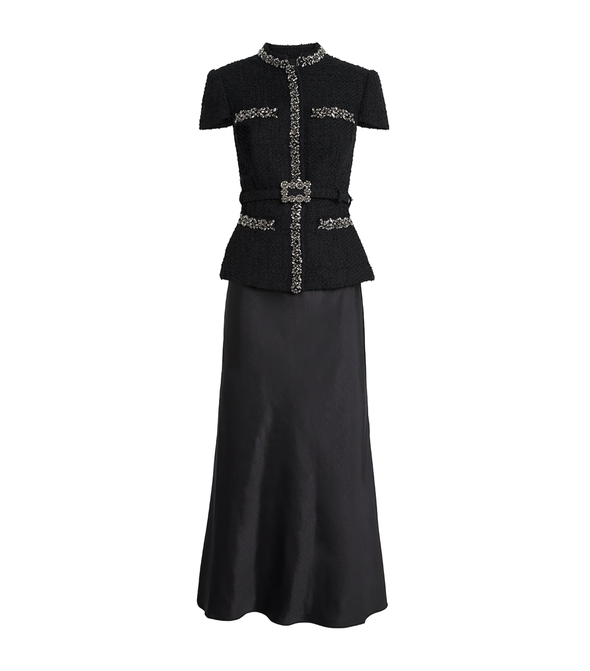 Self-Portrait Womens Satin Bouclé Crystal-Embellished Midi Dress Black