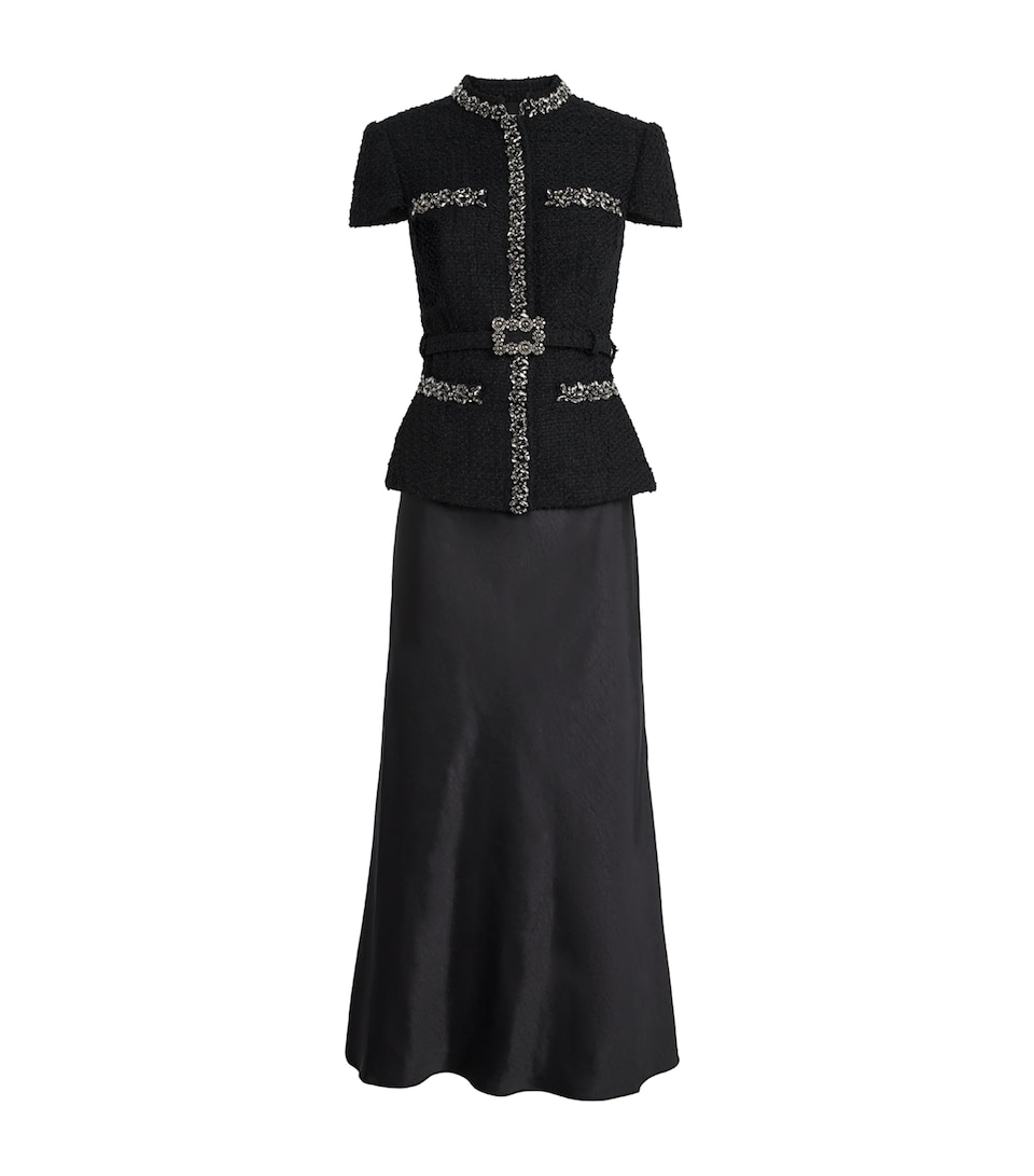 Self-Portrait Womens Satin Bouclé Crystal-Embellished Midi Dress Black