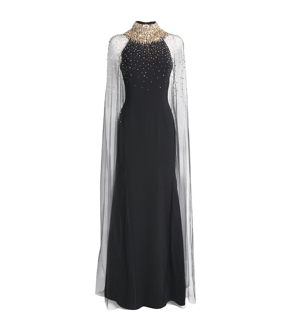 Embellished Mesh-Cape Zadie Gown