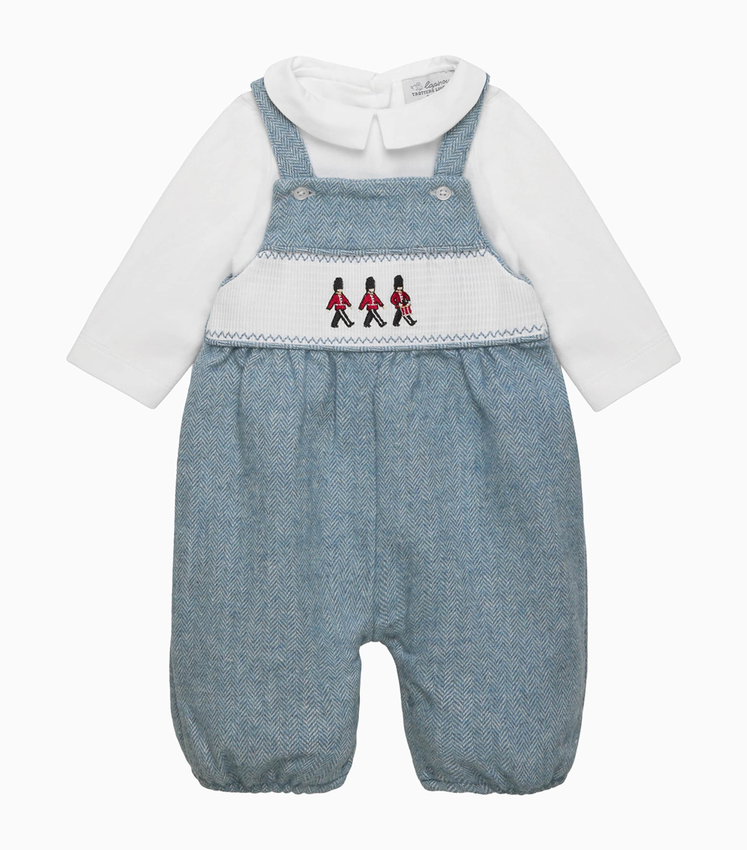 Trotters Smocked Guardsmen Dungaree Set (0-9 Months) Pale Blue